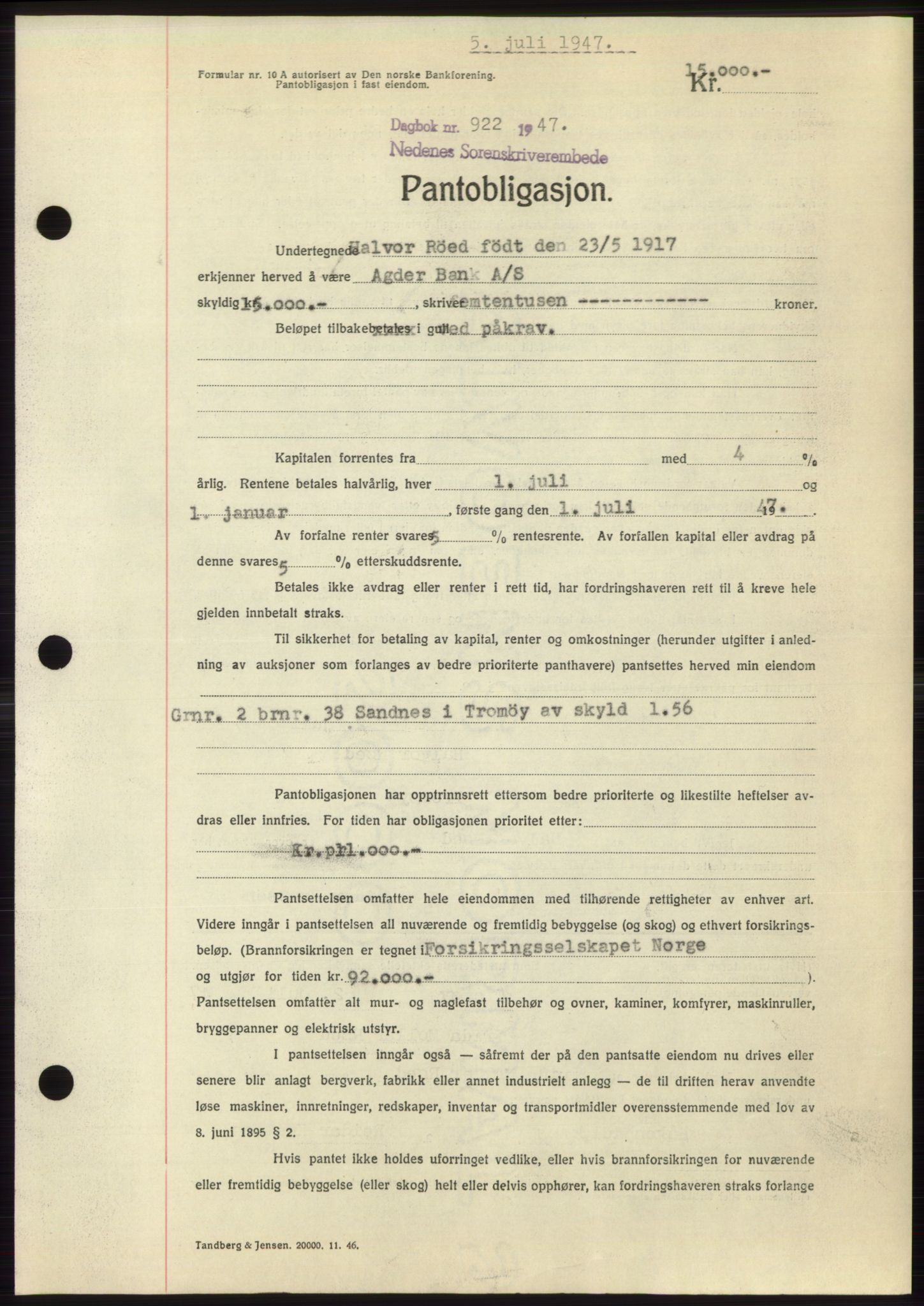 Nedenes sorenskriveri, AV/SAK-1221-0006/G/Gb/Gbb/L0004: Mortgage book no. B4, 1947-1947, Diary no: : 922/1947