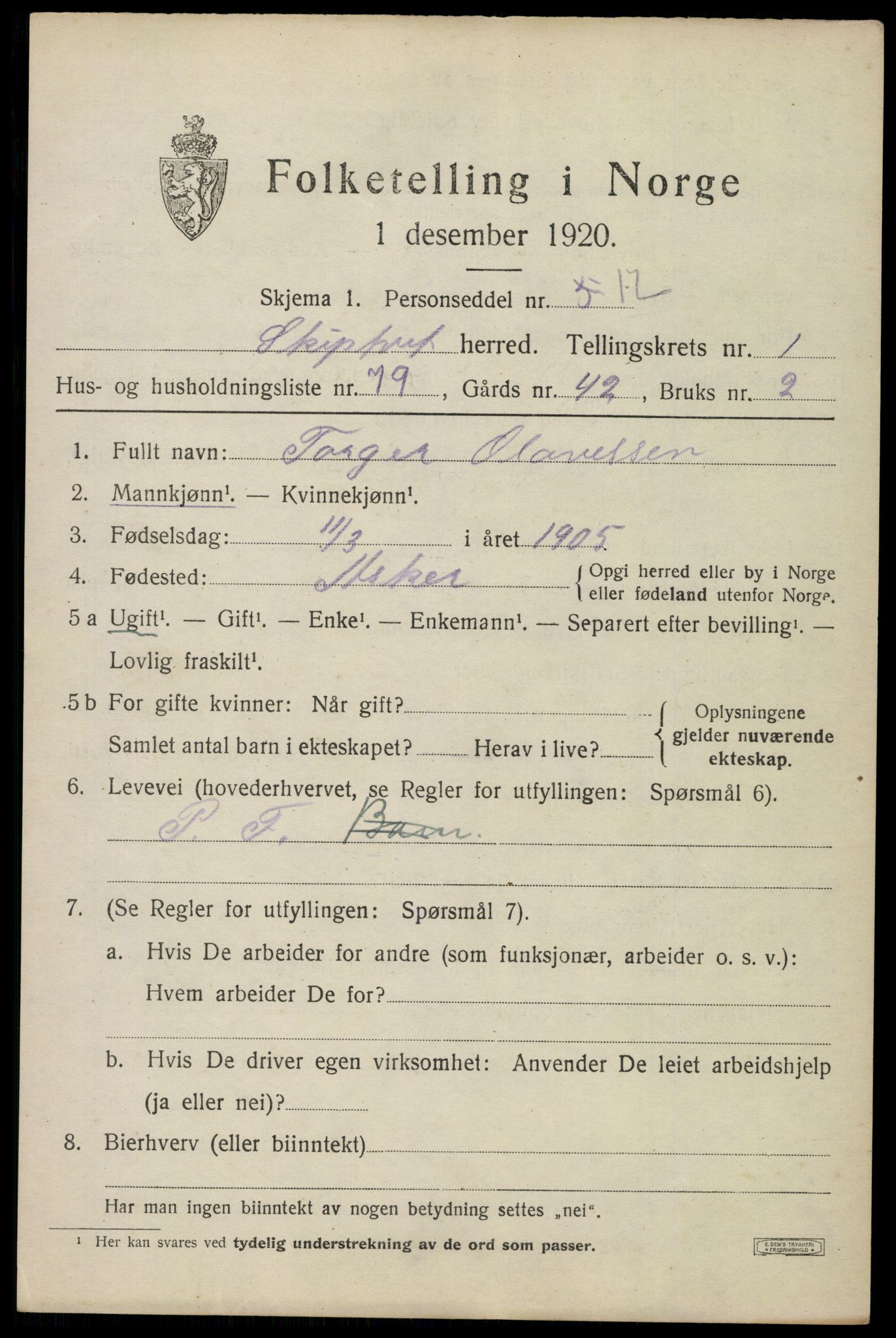 SAO, 1920 census for Skiptvet, 1920, p. 1843