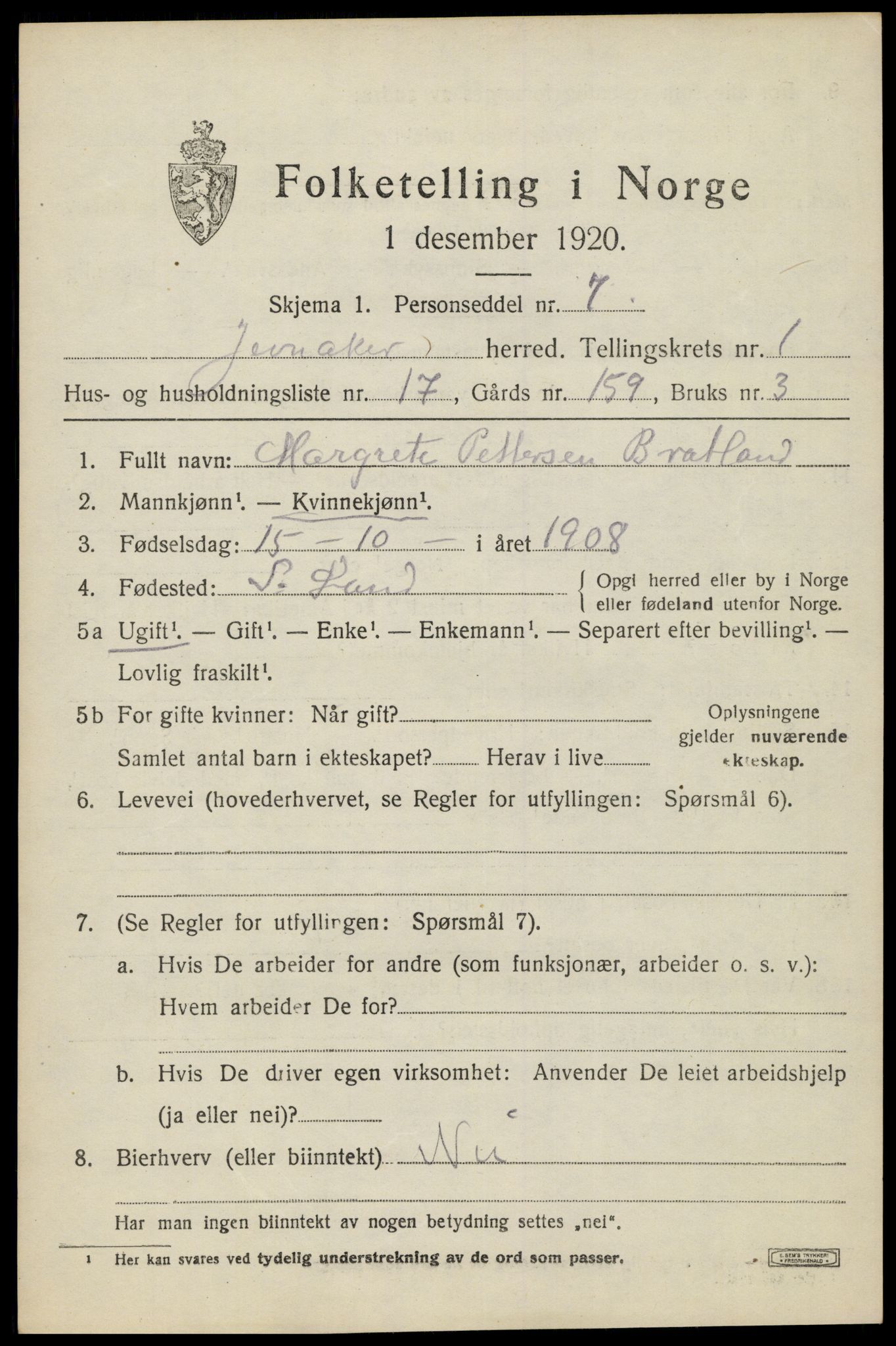 SAH, 1920 census for Jevnaker, 1920, p. 1403