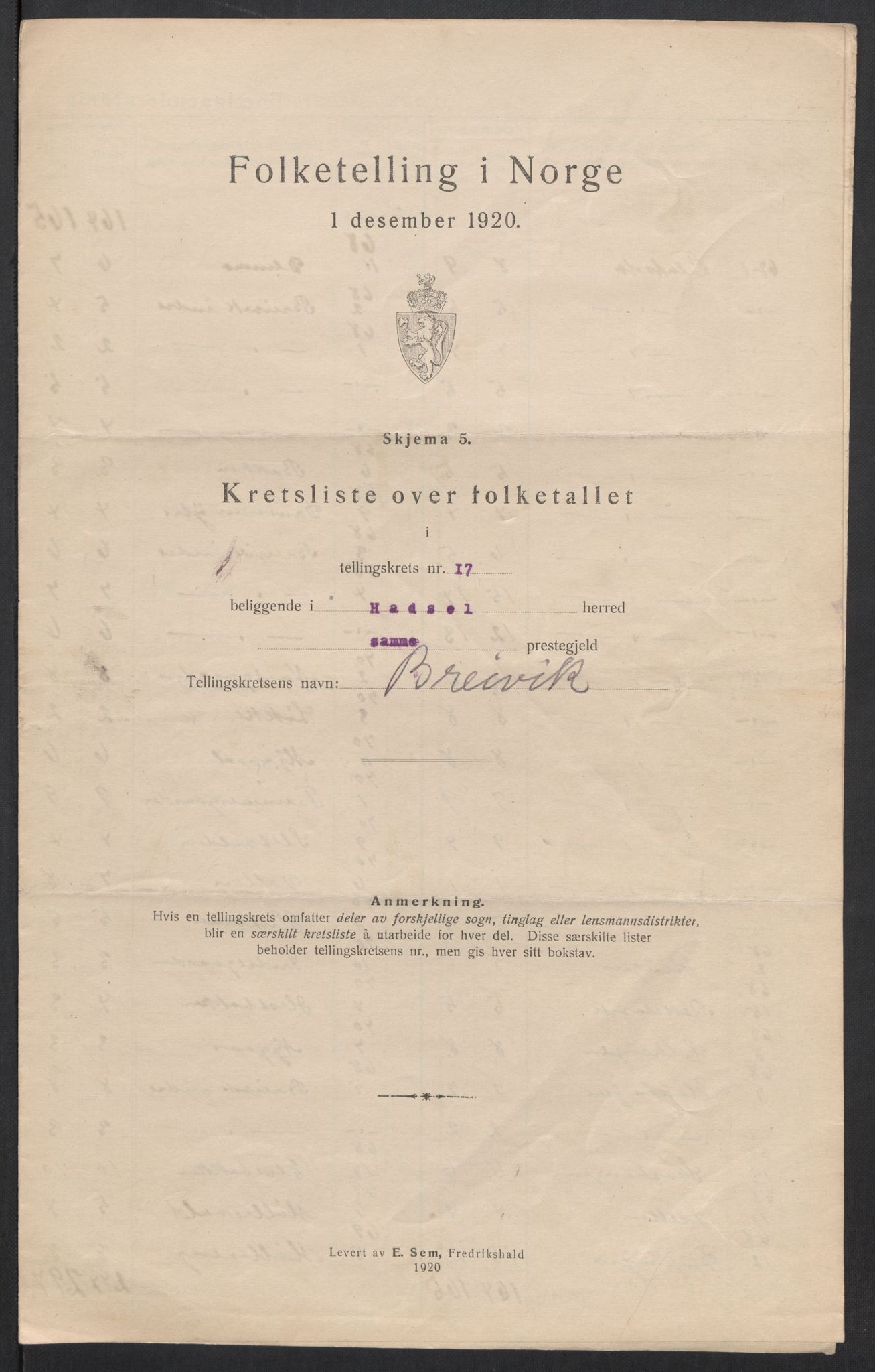 SAT, 1920 census for Hadsel, 1920, p. 66