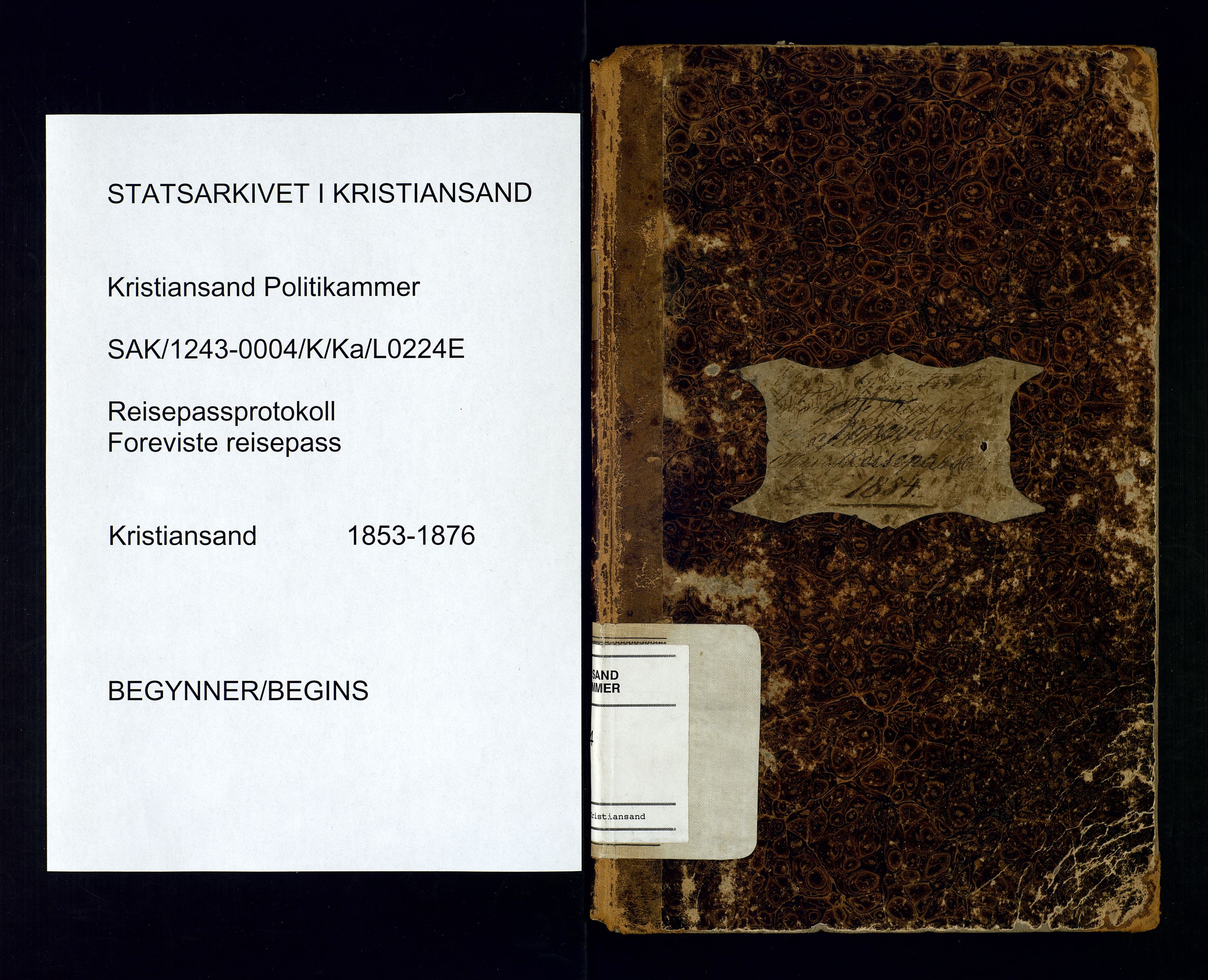 Kristiansand politikammer, AV/SAK-1243-0004/K/Ka/L0224E: Reisepassprotokoll foreviste reisepass, 1853-1876, p. 1