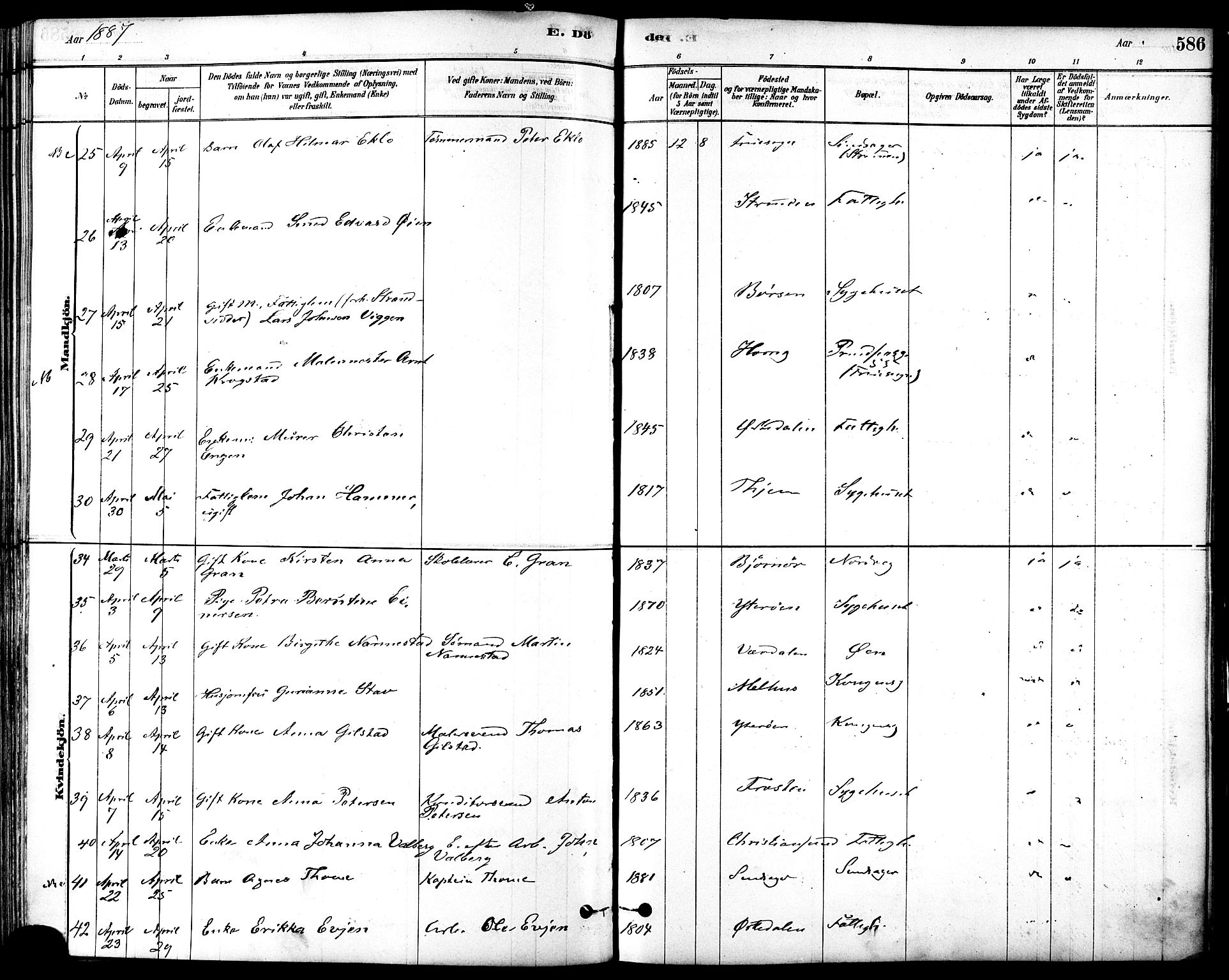 Ministerialprotokoller, klokkerbøker og fødselsregistre - Sør-Trøndelag, AV/SAT-A-1456/601/L0058: Parish register (official) no. 601A26, 1877-1891, p. 586