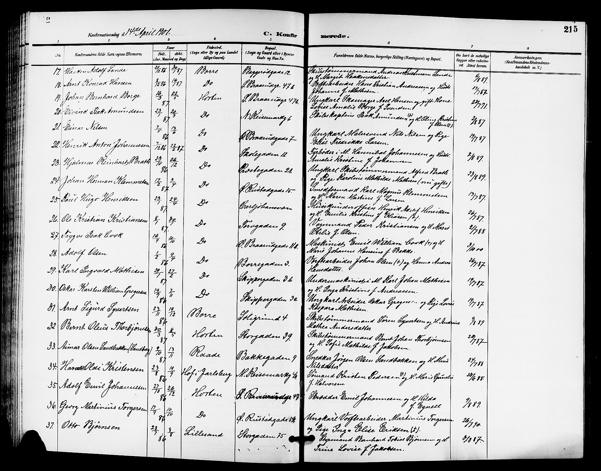 Horten kirkebøker, AV/SAKO-A-348/G/Ga/L0006: Parish register (copy) no. 6, 1896-1904, p. 215