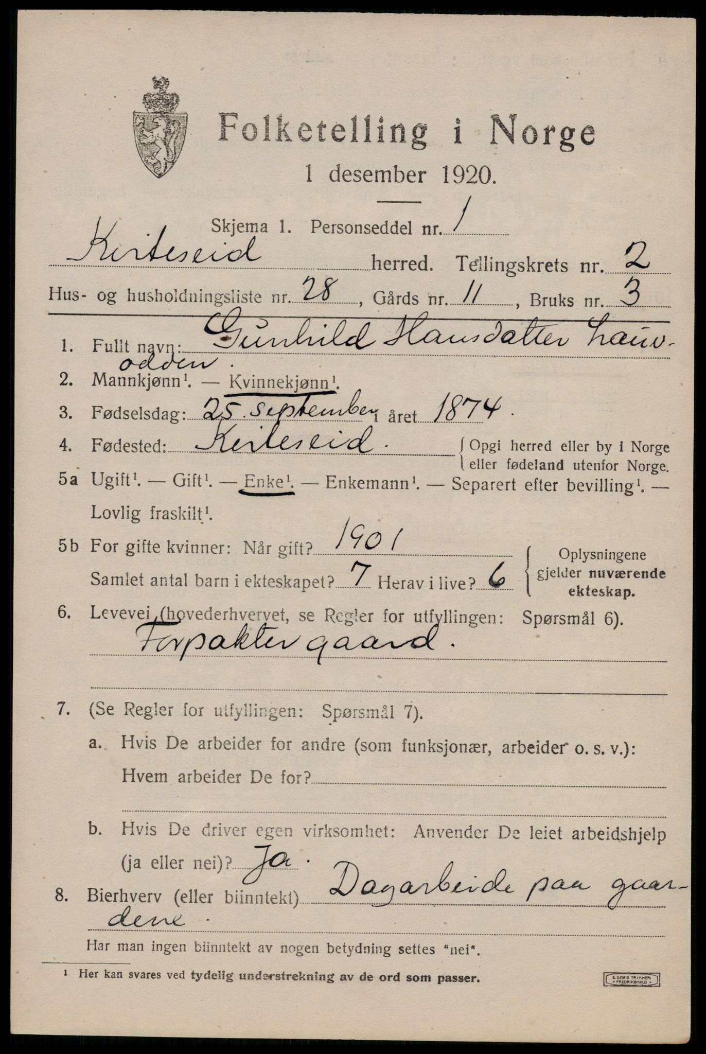 SAKO, 1920 census for Kviteseid, 1920, p. 2337