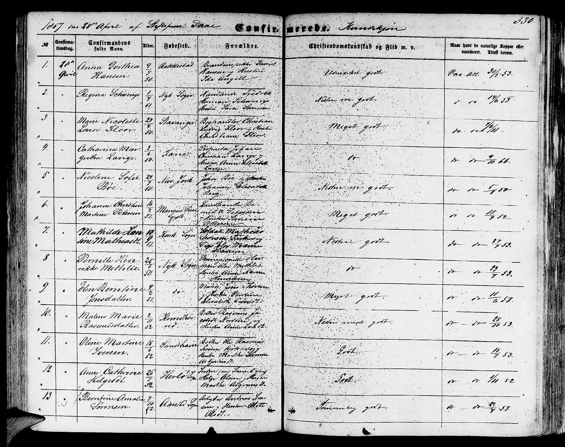 Domkirken sokneprestembete, SAB/A-74801/H/Hab/L0023: Parish register (copy) no. C 3, 1854-1880, p. 330
