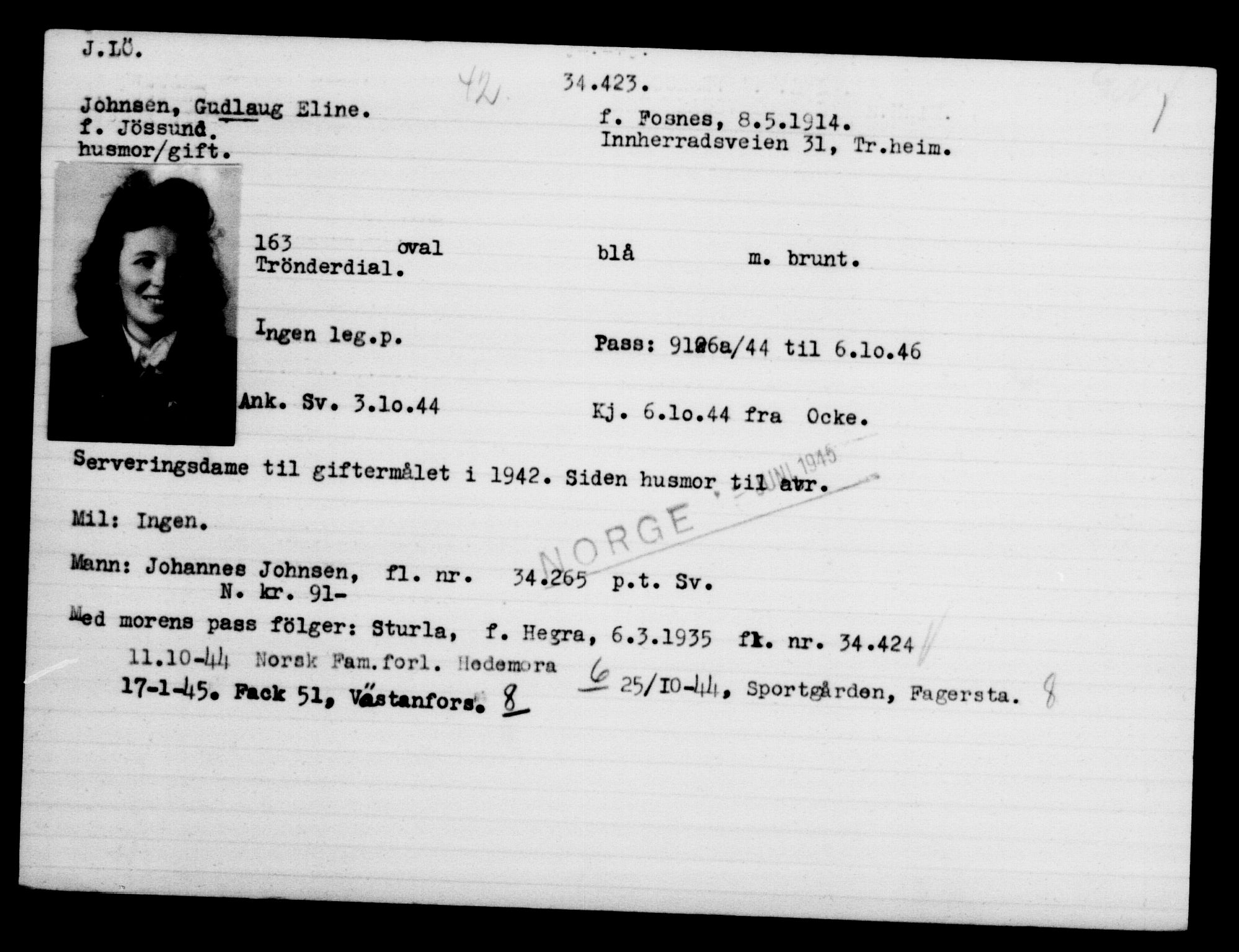 Utenriksstasjonene, Legasjonen i Stockholm, Flyktningkontoret, AV/RA-S-6753/V/Va/L0013: Kjesäterkartoteket, flyktninger med registreringsnr. 31500-34731, 1940-1945, p. 3077