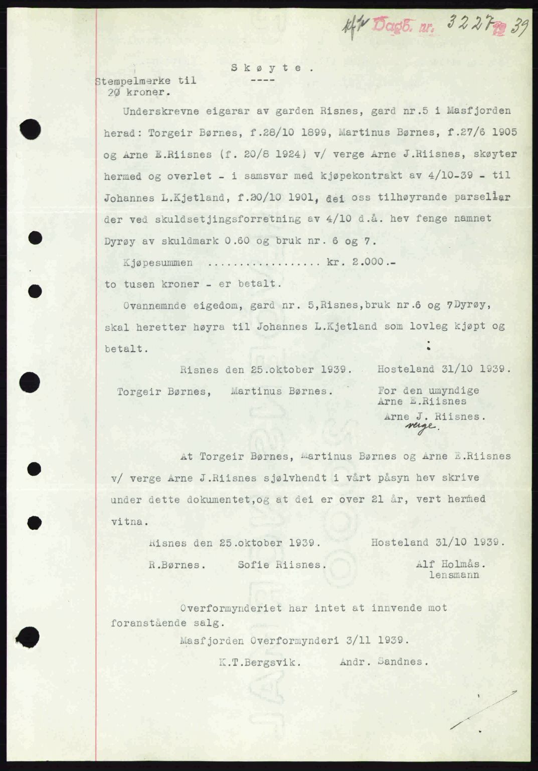 Nordhordland sorenskrivar, SAB/A-2901/1/G/Gb/Gbf/L0010: Mortgage book no. A10, 1939-1940, Diary no: : 3227/1939