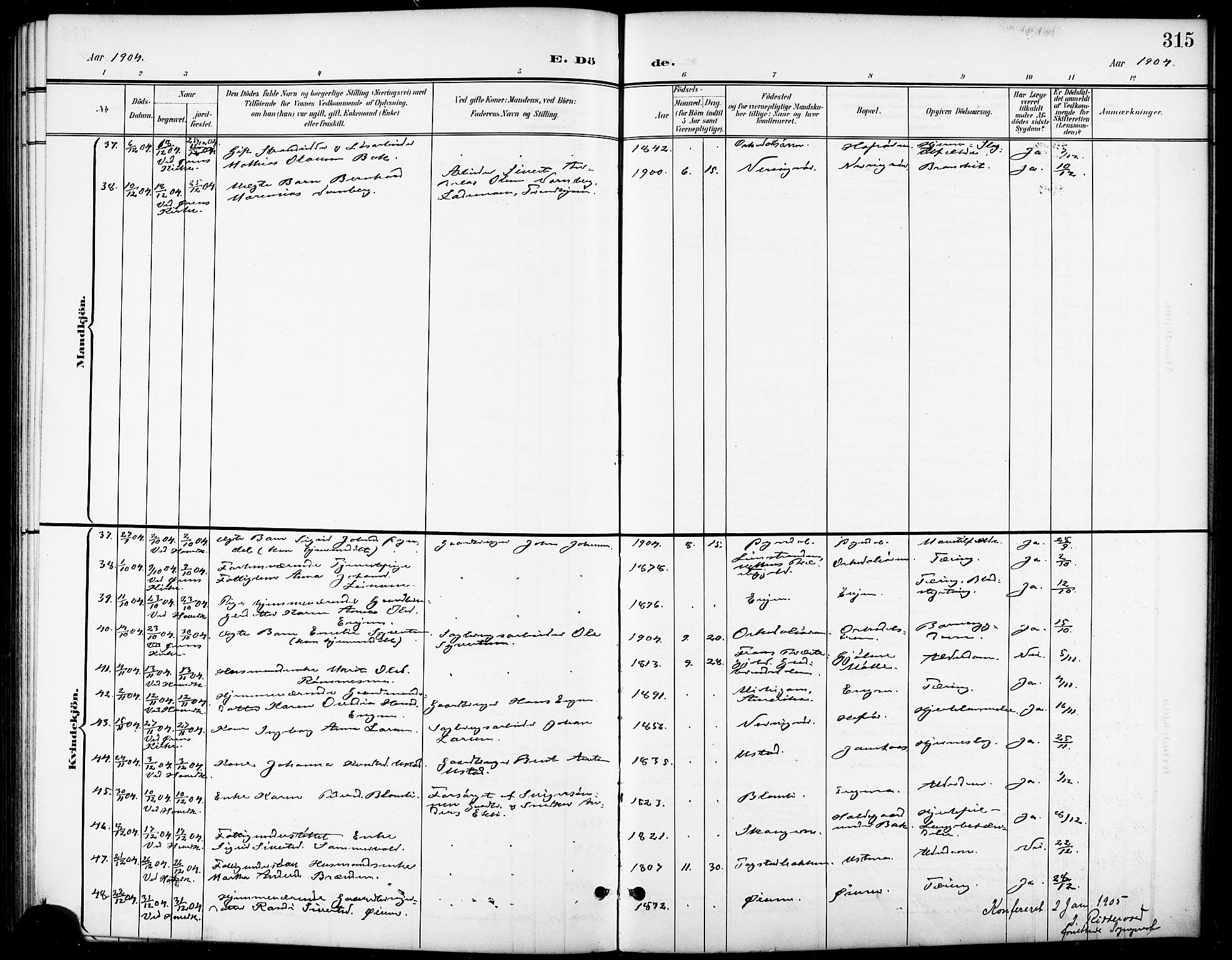 Ministerialprotokoller, klokkerbøker og fødselsregistre - Sør-Trøndelag, SAT/A-1456/668/L0819: Parish register (copy) no. 668C08, 1899-1912, p. 315