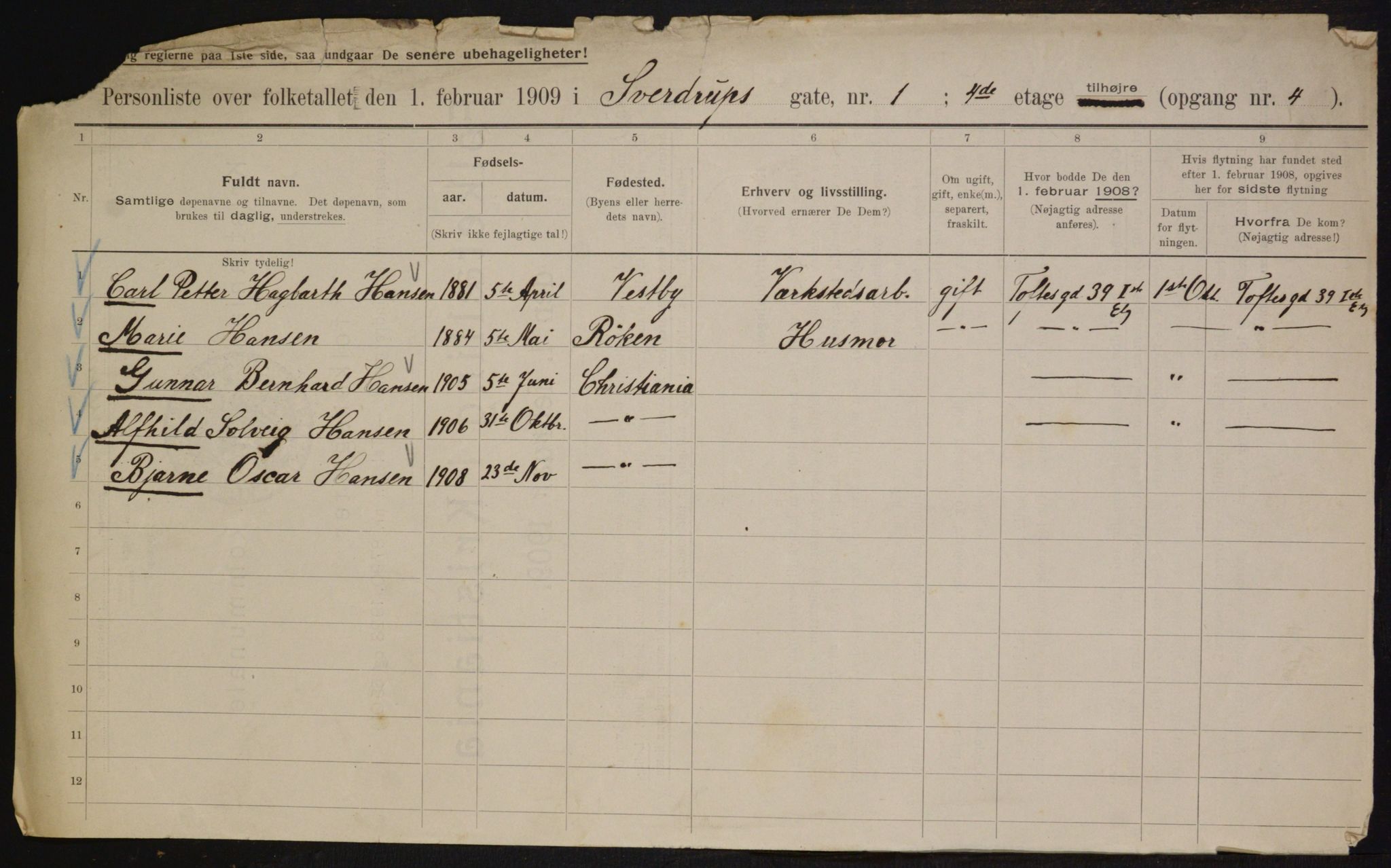 OBA, Municipal Census 1909 for Kristiania, 1909, p. 94852