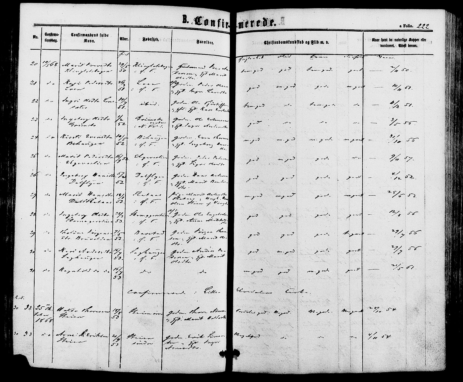 Alvdal prestekontor, AV/SAH-PREST-060/H/Ha/Haa/L0001: Parish register (official) no. 1, 1863-1882, p. 222