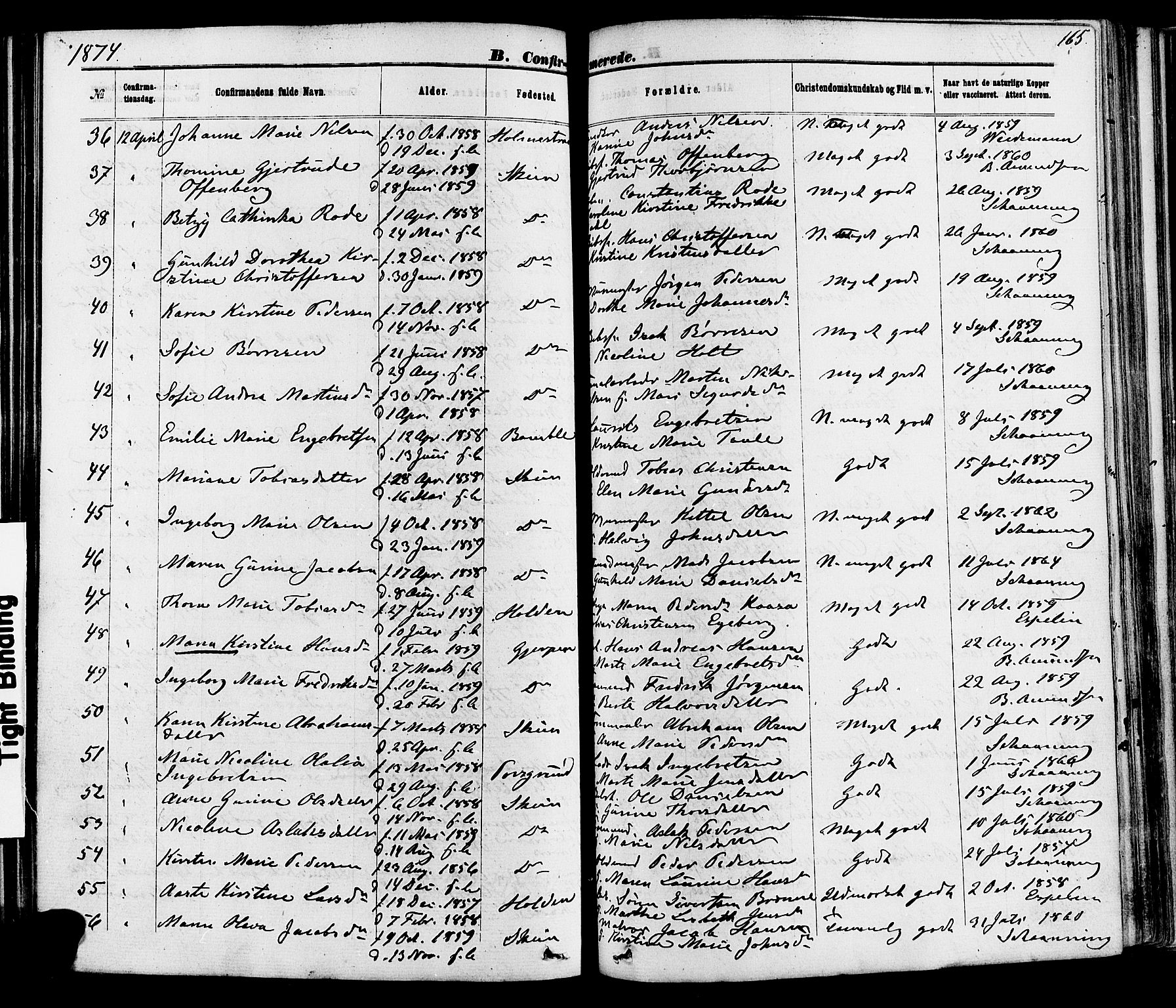 Skien kirkebøker, AV/SAKO-A-302/F/Fa/L0008: Parish register (official) no. 8, 1866-1877, p. 165