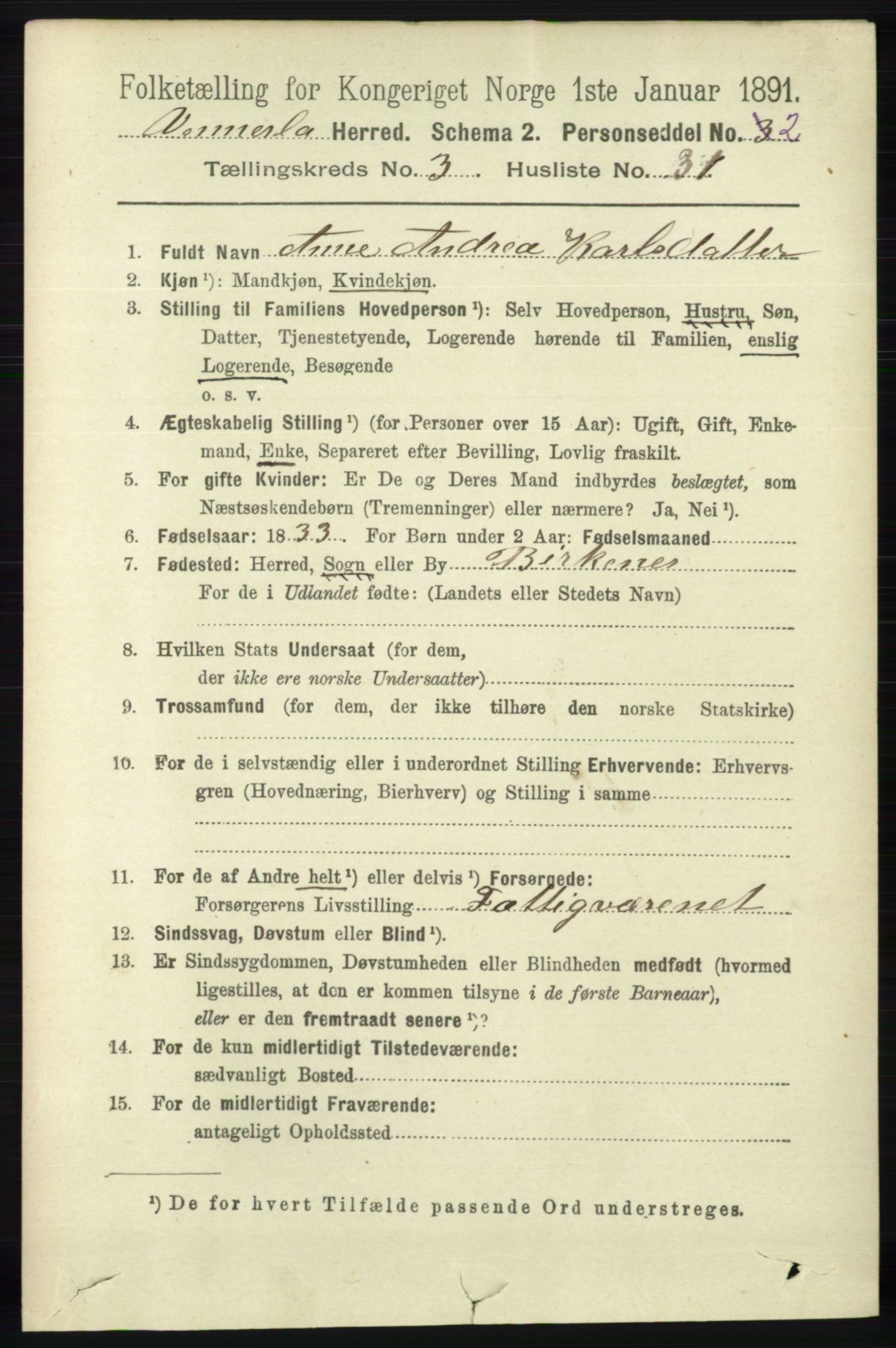 RA, 1891 census for 1014 Vennesla, 1891, p. 832