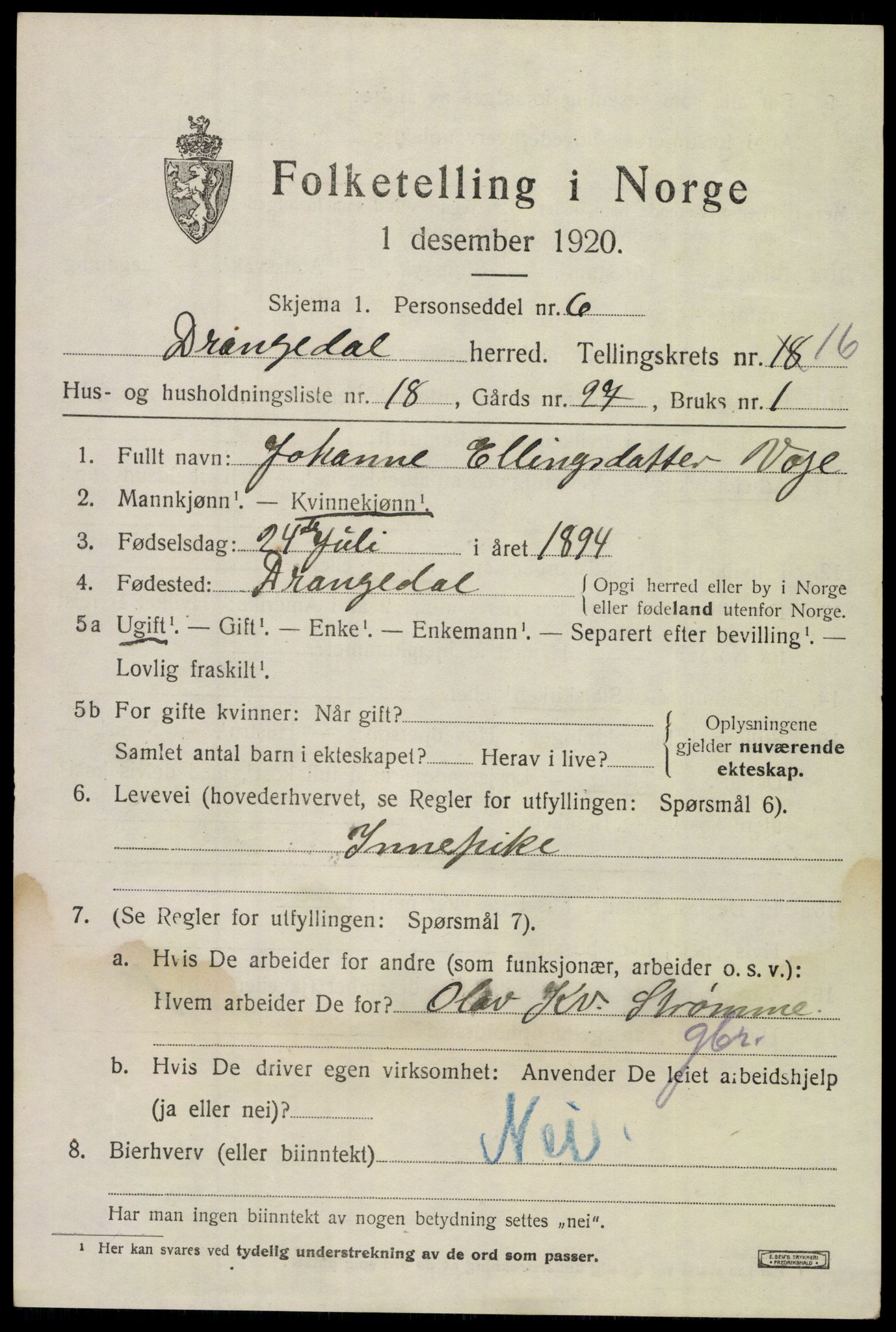 SAKO, 1920 census for Drangedal, 1920, p. 7965