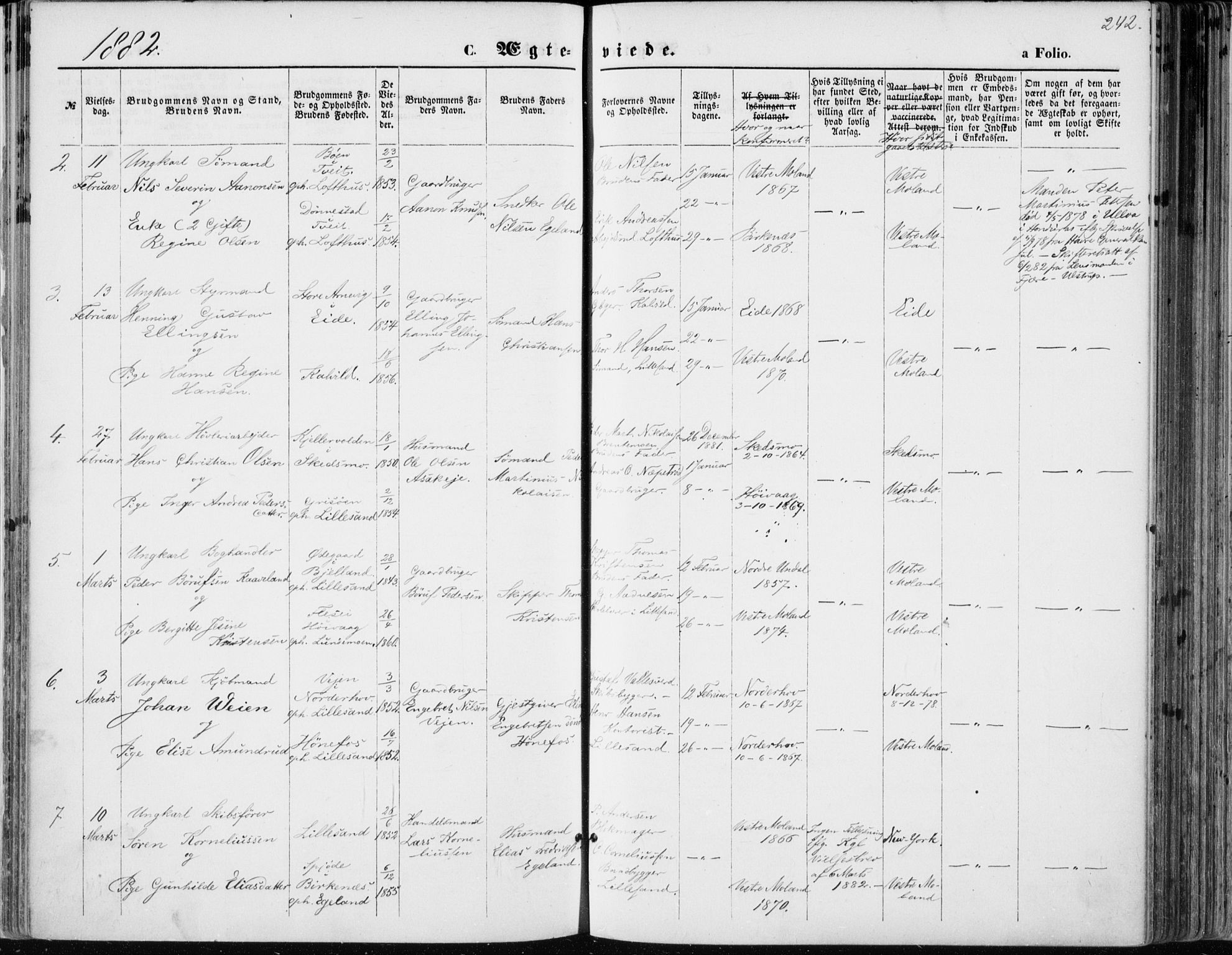 Vestre Moland sokneprestkontor, AV/SAK-1111-0046/F/Fa/Fab/L0008: Parish register (official) no. A 8, 1873-1883, p. 242