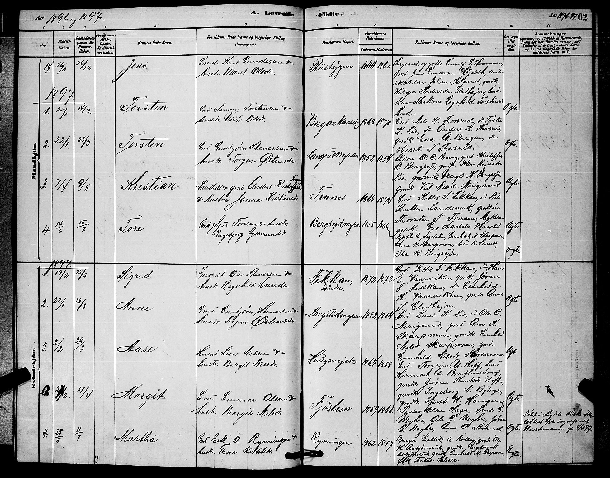 Rollag kirkebøker, AV/SAKO-A-240/G/Ga/L0004: Parish register (copy) no. I 4, 1878-1903, p. 62