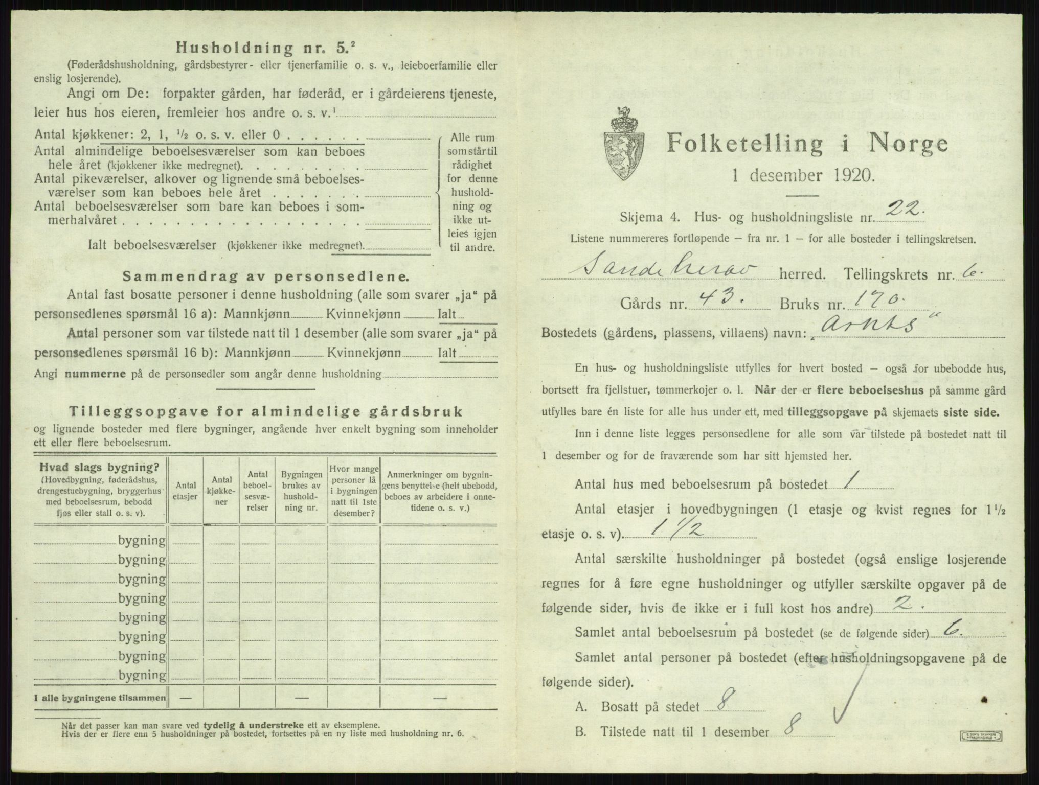 SAKO, 1920 census for Sandeherred, 1920, p. 1156