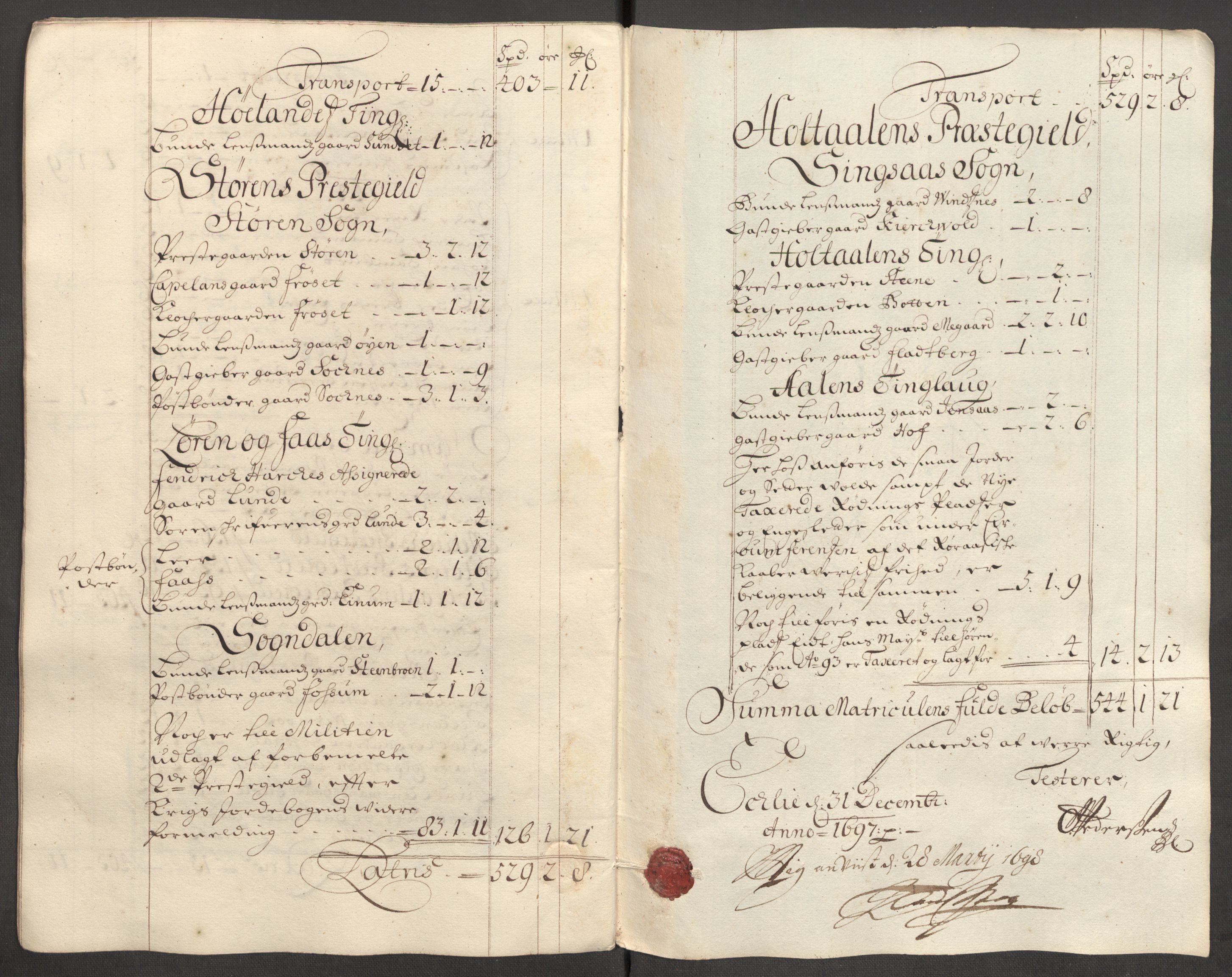 Rentekammeret inntil 1814, Reviderte regnskaper, Fogderegnskap, AV/RA-EA-4092/R60/L3947: Fogderegnskap Orkdal og Gauldal, 1697, p. 335