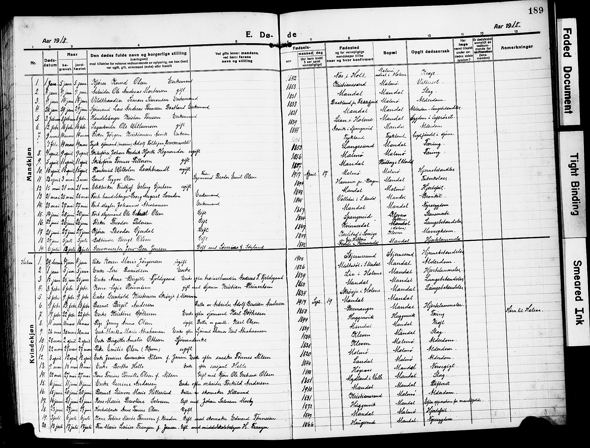 Mandal sokneprestkontor, AV/SAK-1111-0030/F/Fb/Fbc/L0001: Parish register (copy) no. B 1, 1918-1931, p. 189