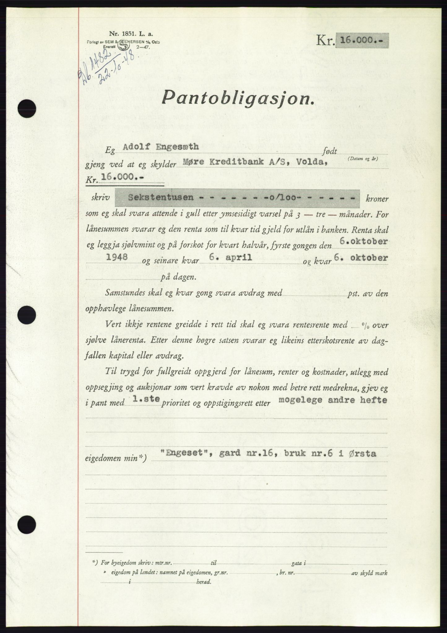 Søre Sunnmøre sorenskriveri, AV/SAT-A-4122/1/2/2C/L0116: Mortgage book no. 4B, 1948-1949, Diary no: : 1482/1948