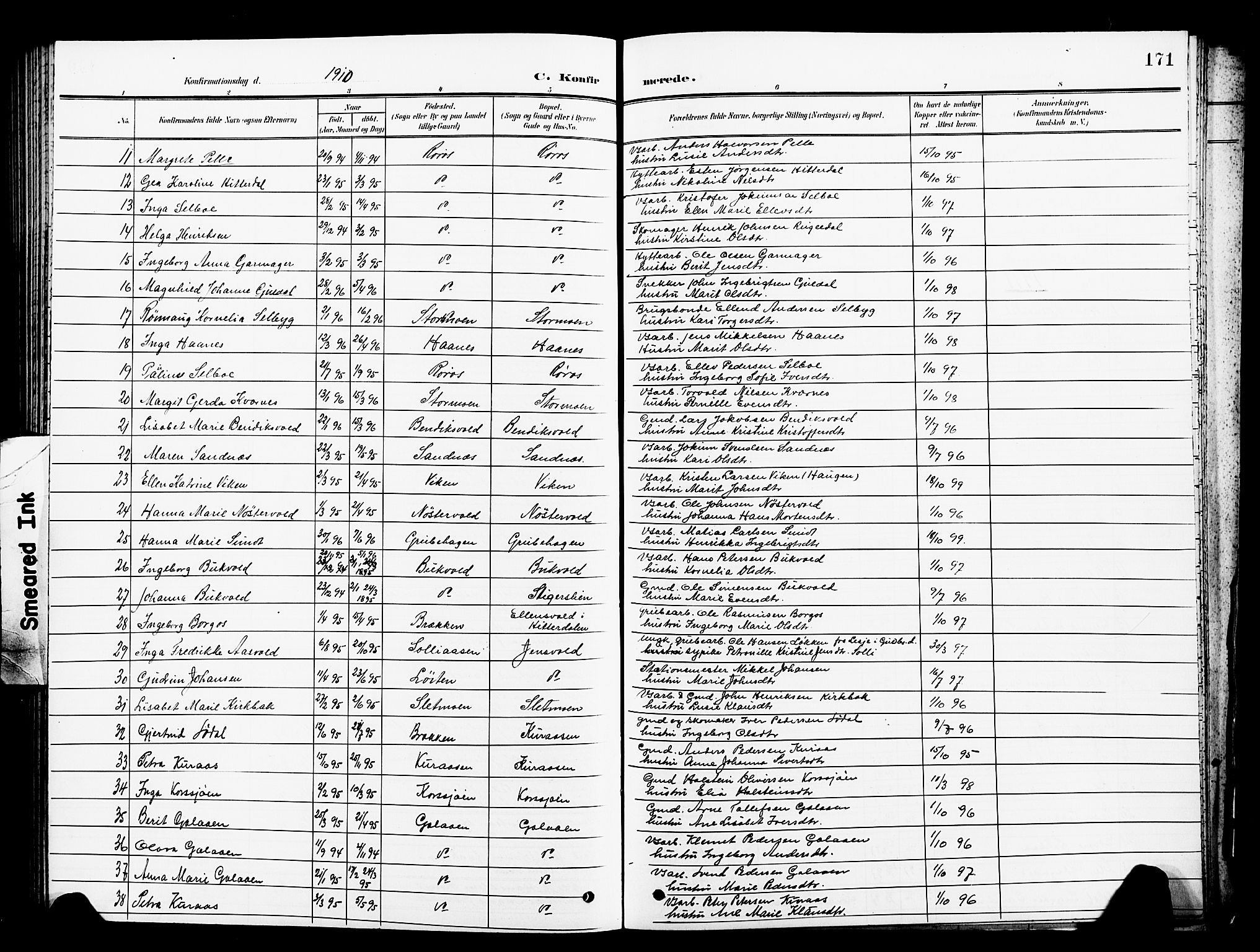 Ministerialprotokoller, klokkerbøker og fødselsregistre - Sør-Trøndelag, SAT/A-1456/681/L0942: Parish register (copy) no. 681C06, 1906-1925, p. 171