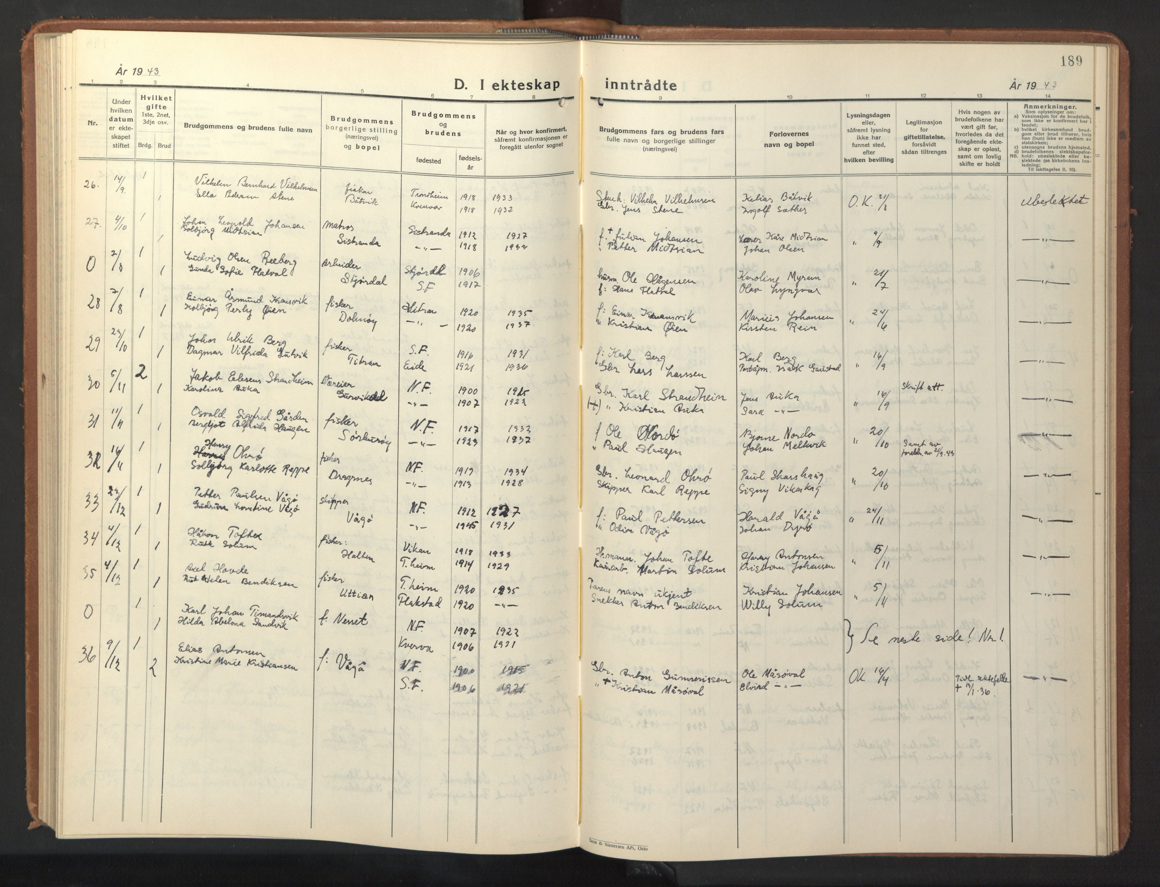 Ministerialprotokoller, klokkerbøker og fødselsregistre - Sør-Trøndelag, SAT/A-1456/640/L0590: Parish register (copy) no. 640C07, 1935-1948, p. 189