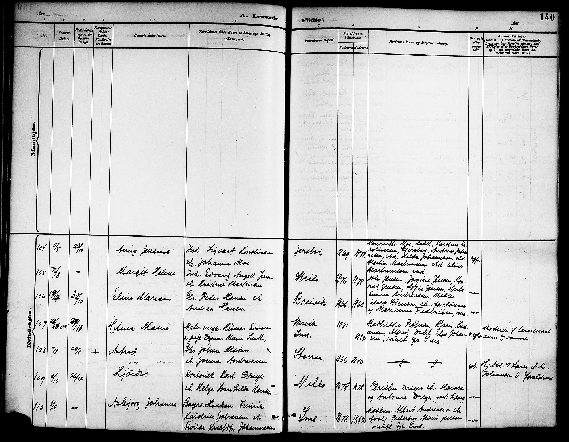 Ministerialprotokoller, klokkerbøker og fødselsregistre - Nordland, SAT/A-1459/888/L1268: Parish register (copy) no. 888C06, 1891-1908, p. 140