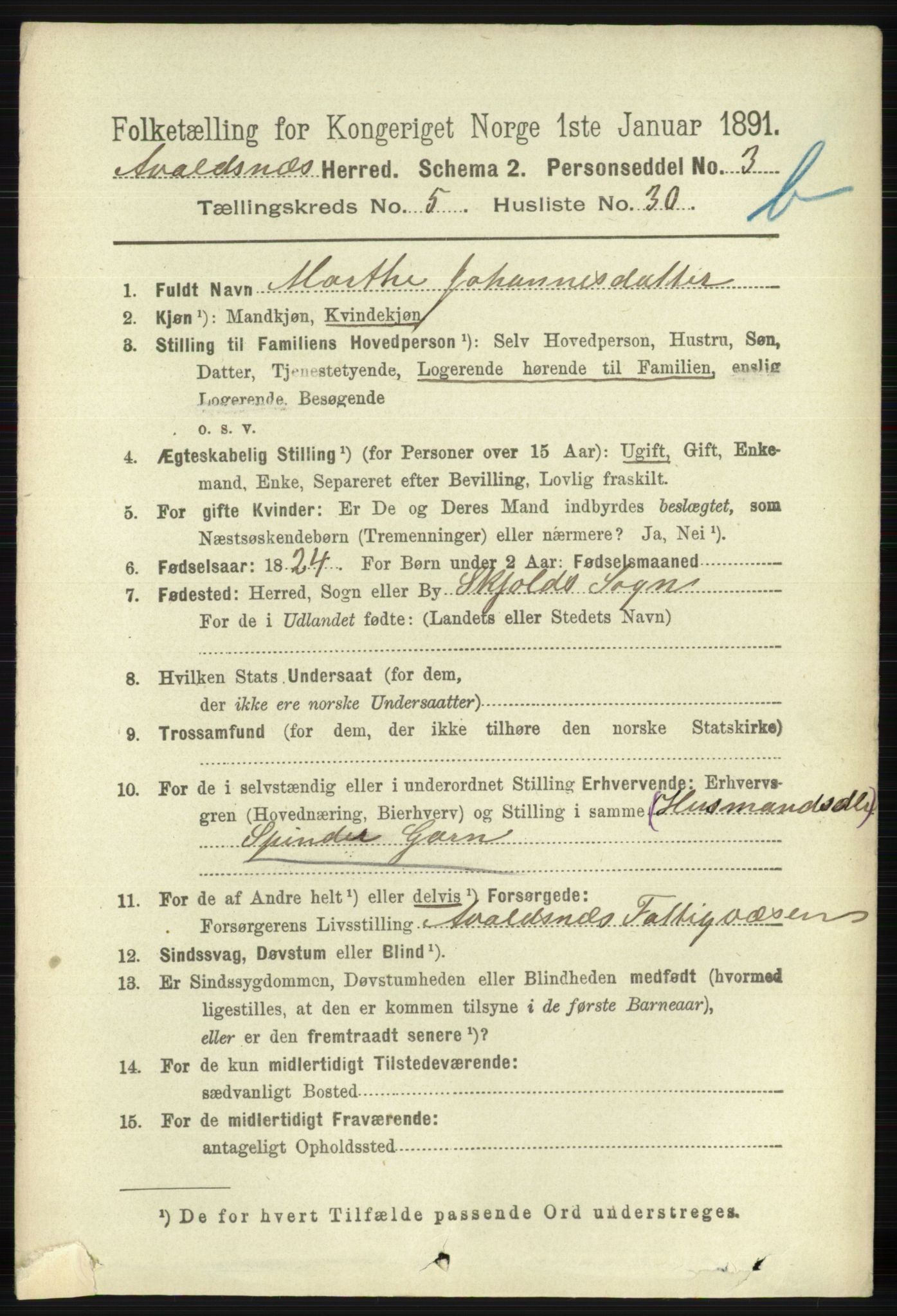 RA, 1891 census for 1147 Avaldsnes, 1891, p. 3166