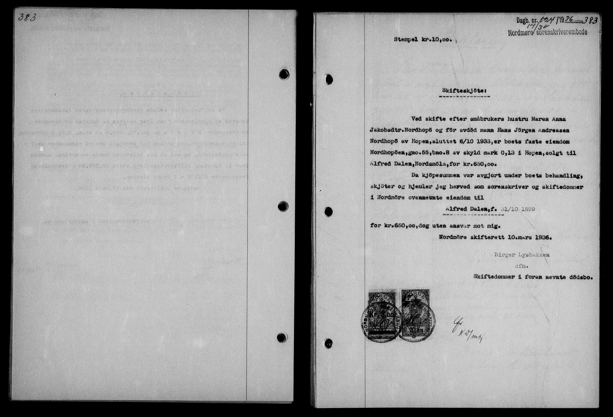 Nordmøre sorenskriveri, AV/SAT-A-4132/1/2/2Ca/L0087: Mortgage book no. 77, 1935-1936, Deed date: 17.03.1936