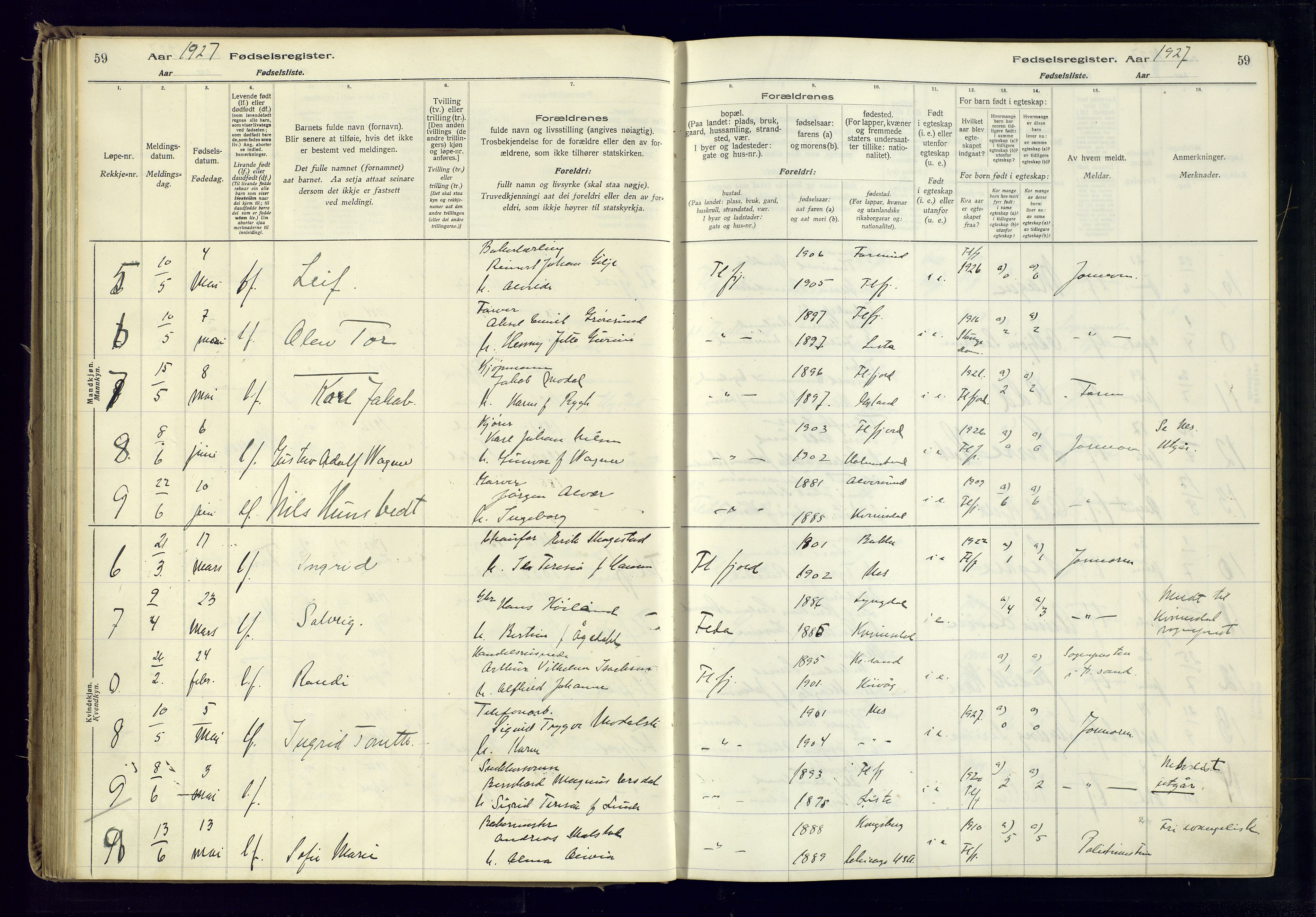 Flekkefjord sokneprestkontor, AV/SAK-1111-0012/J/Ja/L0001: Birth register no. 1, 1916-1948, p. 59
