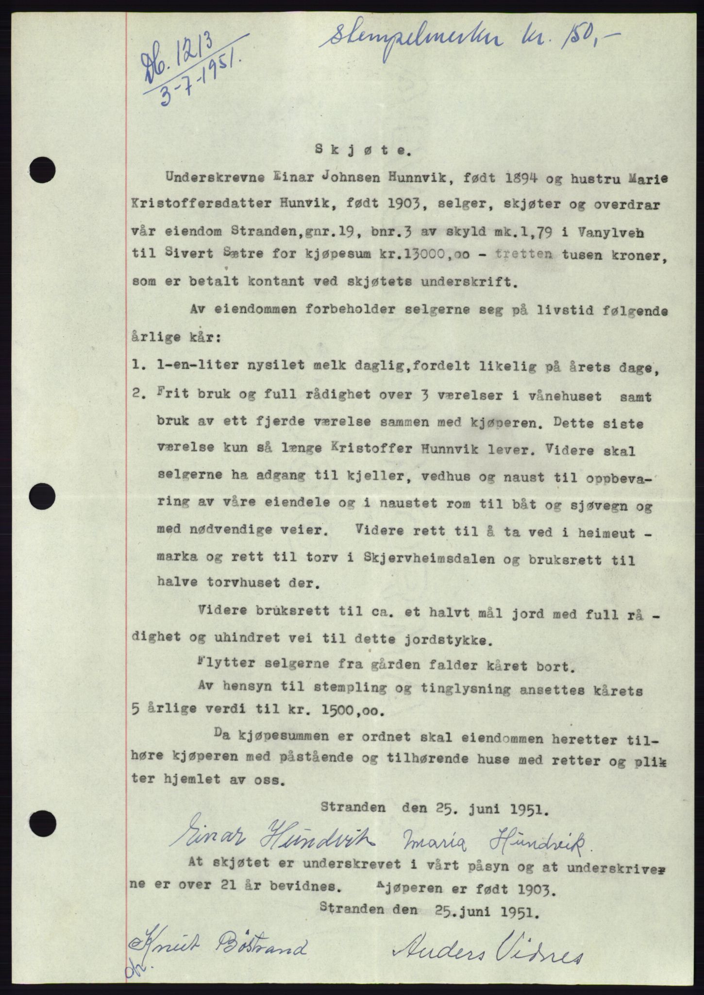 Søre Sunnmøre sorenskriveri, AV/SAT-A-4122/1/2/2C/L0089: Mortgage book no. 15A, 1951-1951, Diary no: : 1213/1951