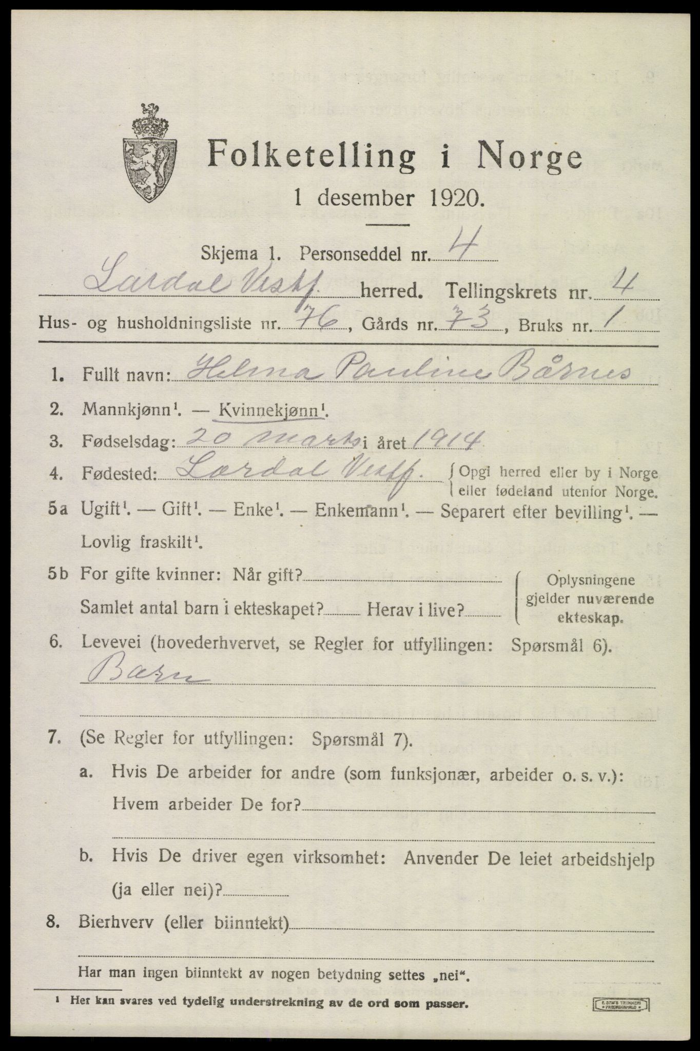 SAKO, 1920 census for Lardal, 1920, p. 4393