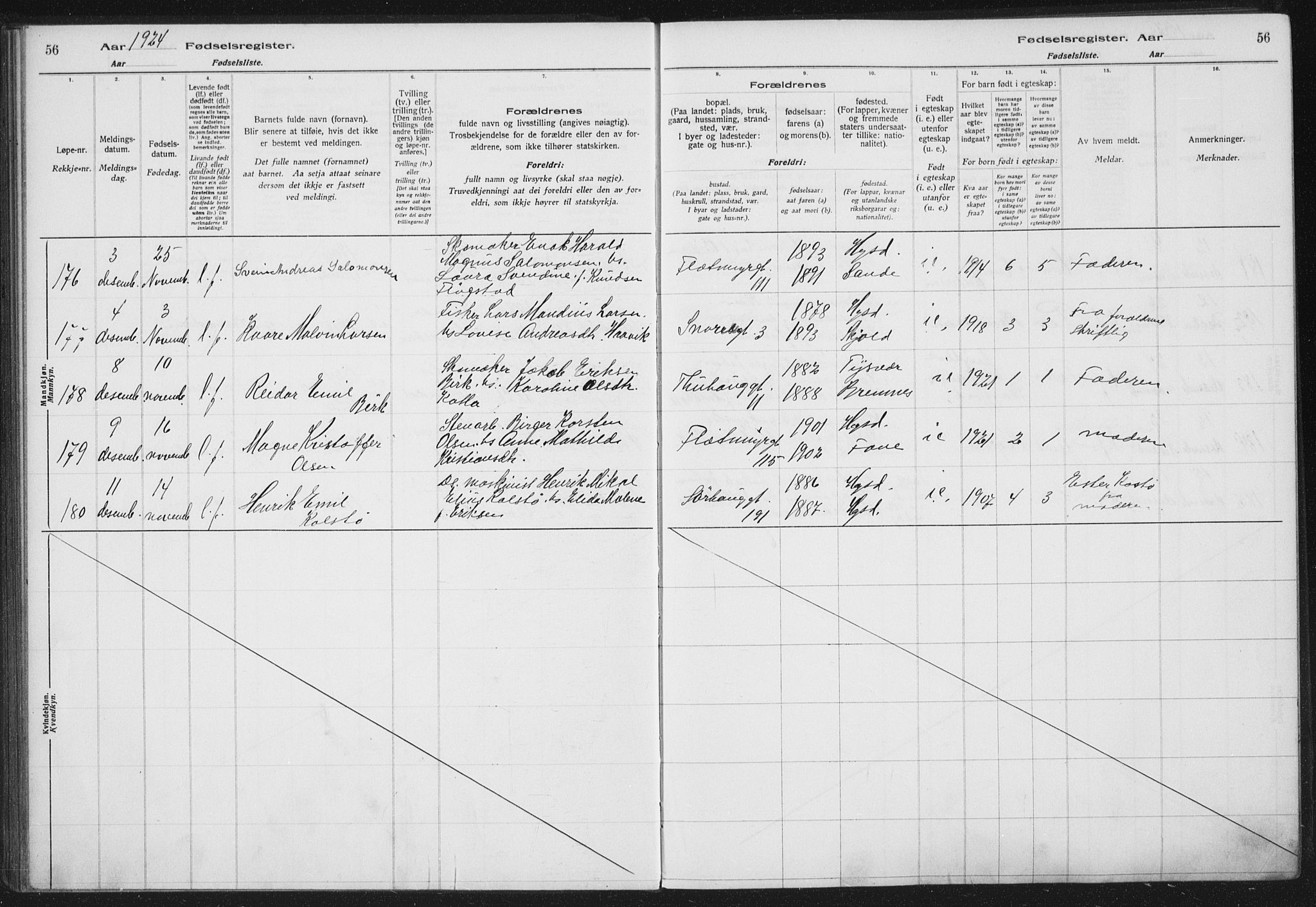 Haugesund sokneprestkontor, AV/SAST-A -101863/I/Id/L0005: Birth register no. 3, 1923-1929, p. 56