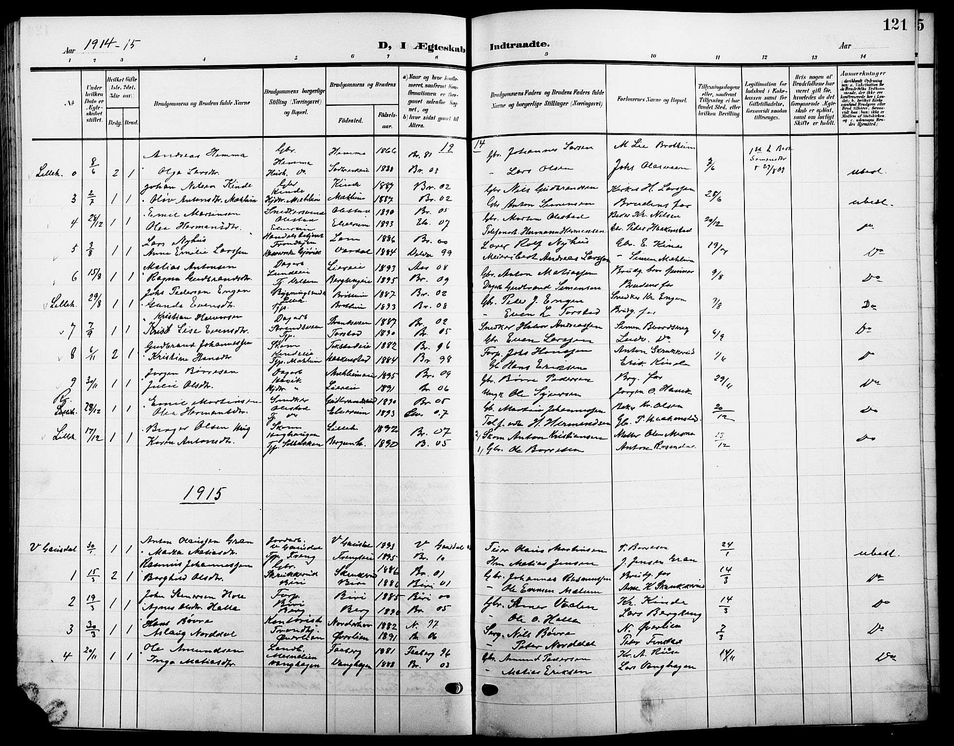 Ringsaker prestekontor, SAH/PREST-014/L/La/L0016: Parish register (copy) no. 16, 1905-1920, p. 121