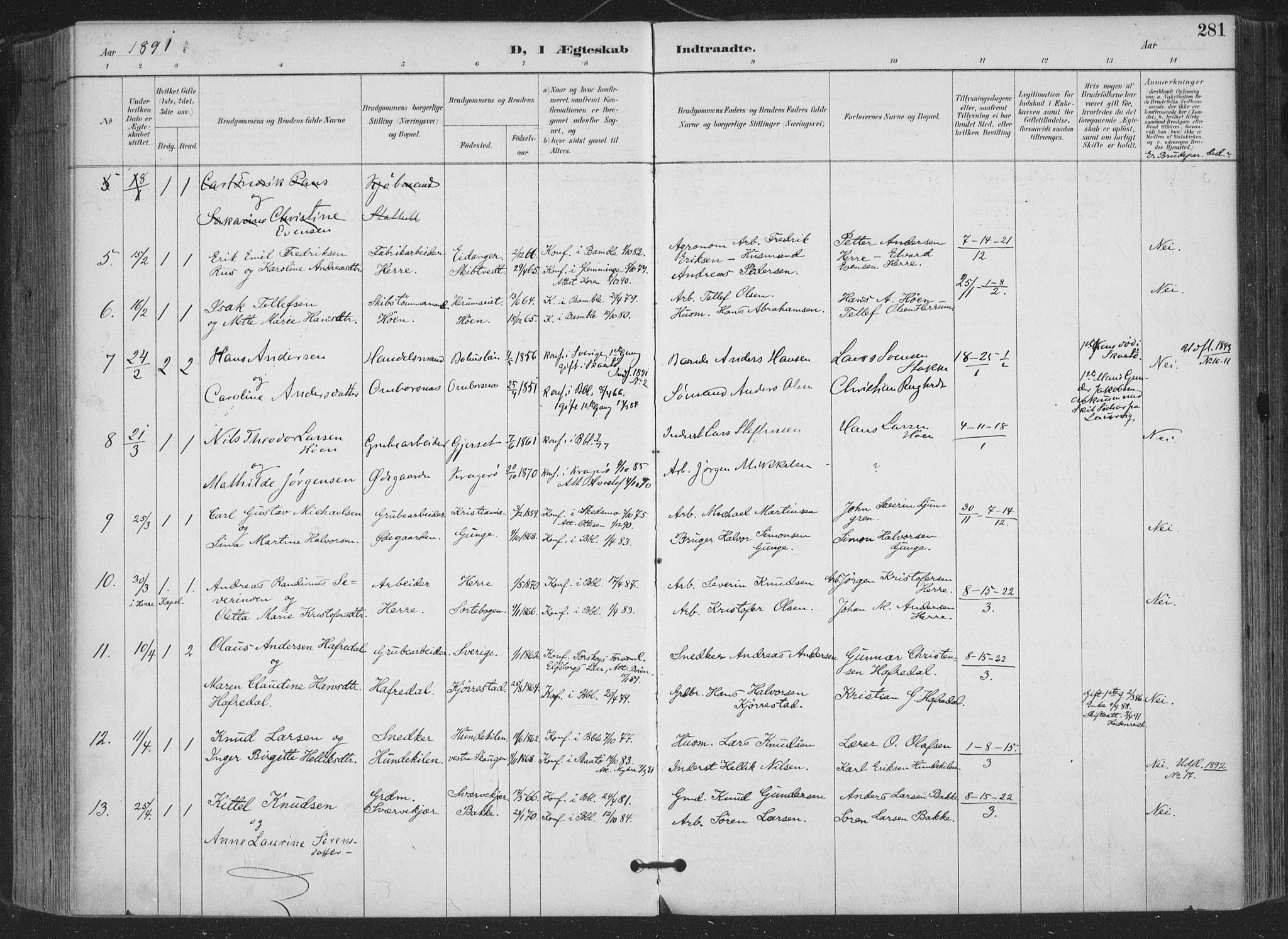 Bamble kirkebøker, AV/SAKO-A-253/F/Fa/L0008: Parish register (official) no. I 8, 1888-1900, p. 281