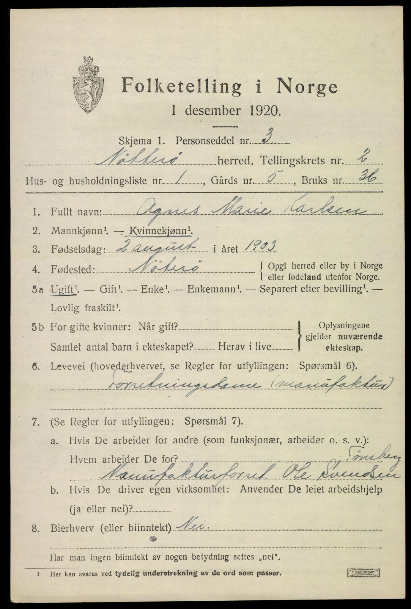 SAKO, 1920 census for Nøtterøy, 1920, p. 4073