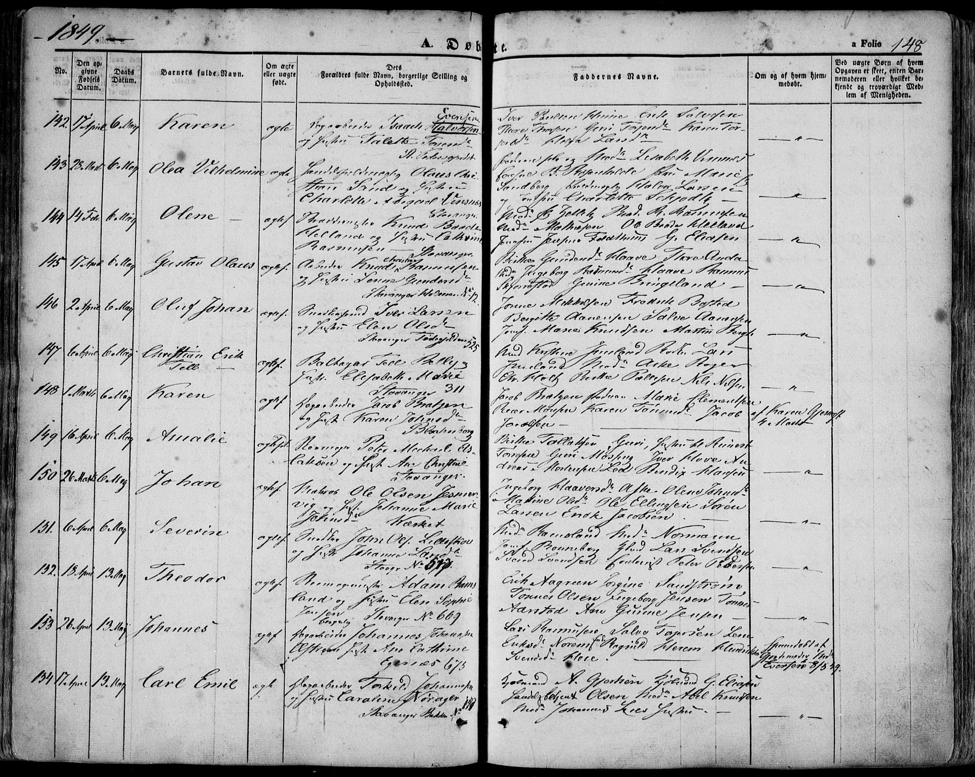 Domkirken sokneprestkontor, SAST/A-101812/001/30/30BA/L0016: Parish register (official) no. A 15, 1844-1854, p. 148