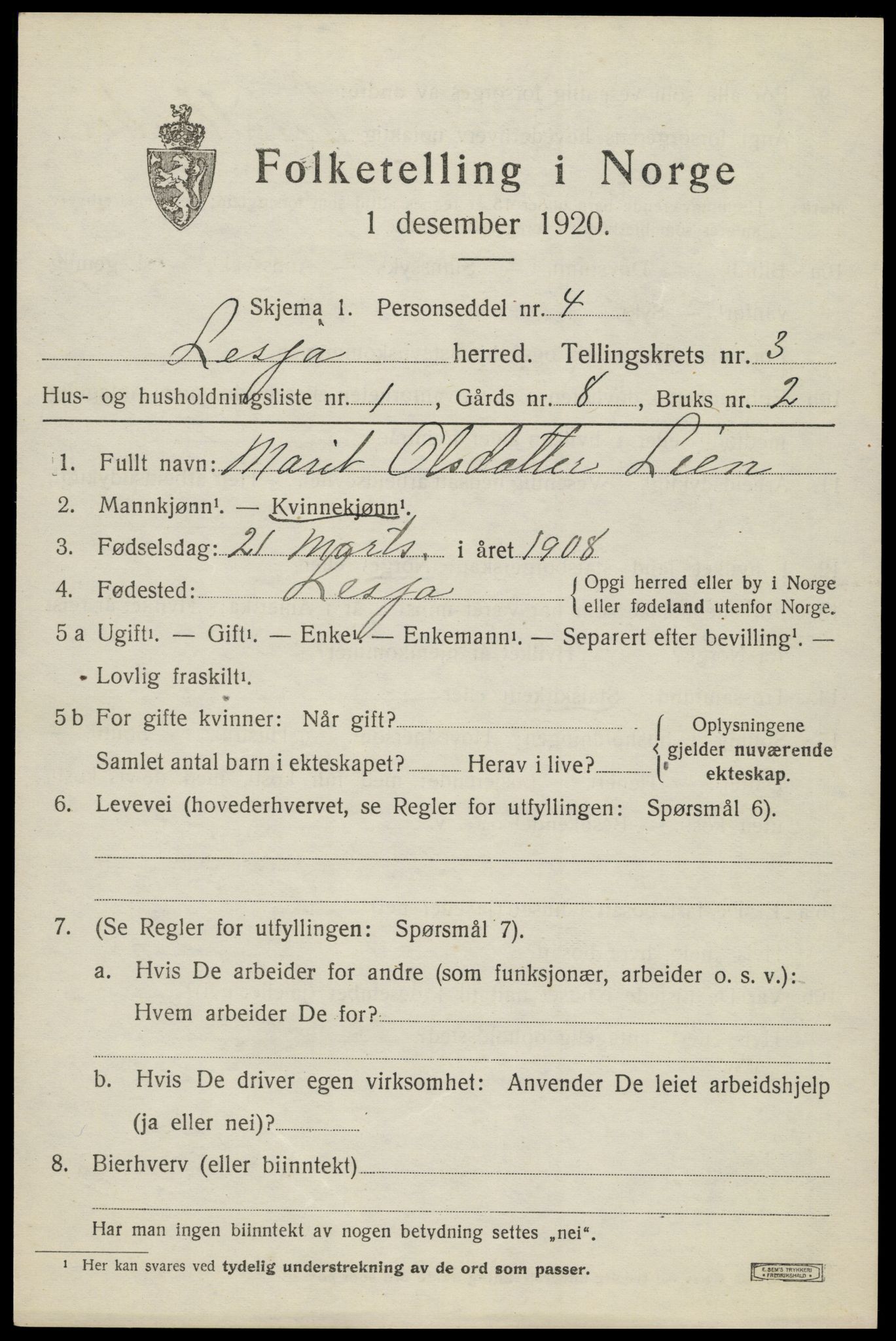 SAH, 1920 census for Lesja, 1920, p. 2000