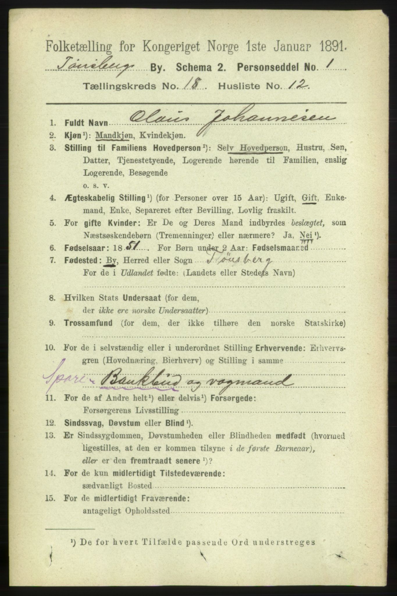 RA, 1891 census for 0705 Tønsberg, 1891, p. 5208