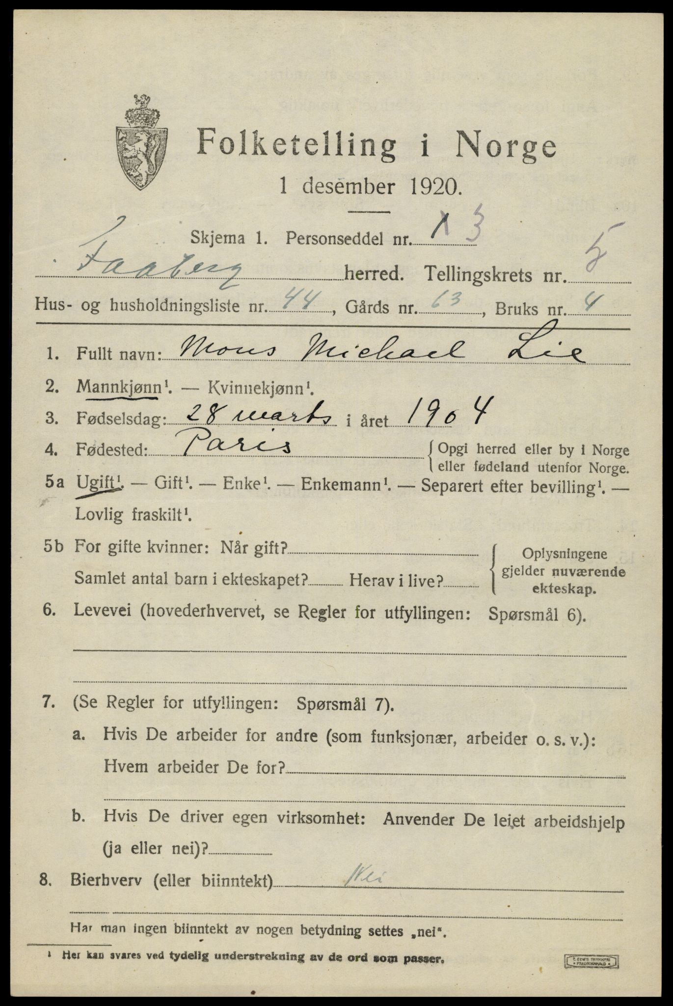 SAH, 1920 census for Fåberg, 1920, p. 6540