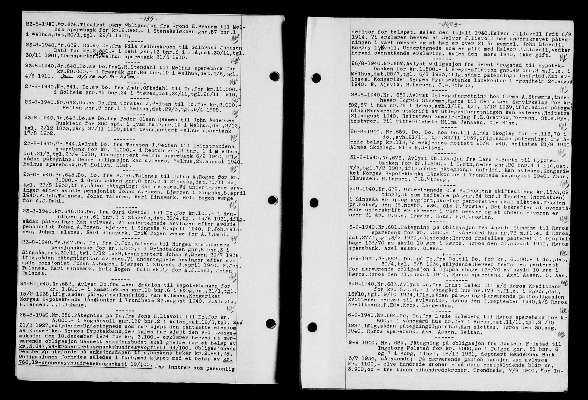 Gauldal sorenskriveri, SAT/A-0014/1/2/2C/L0052: Mortgage book no. 57, 1940-1941, Diary no: : 638/1940
