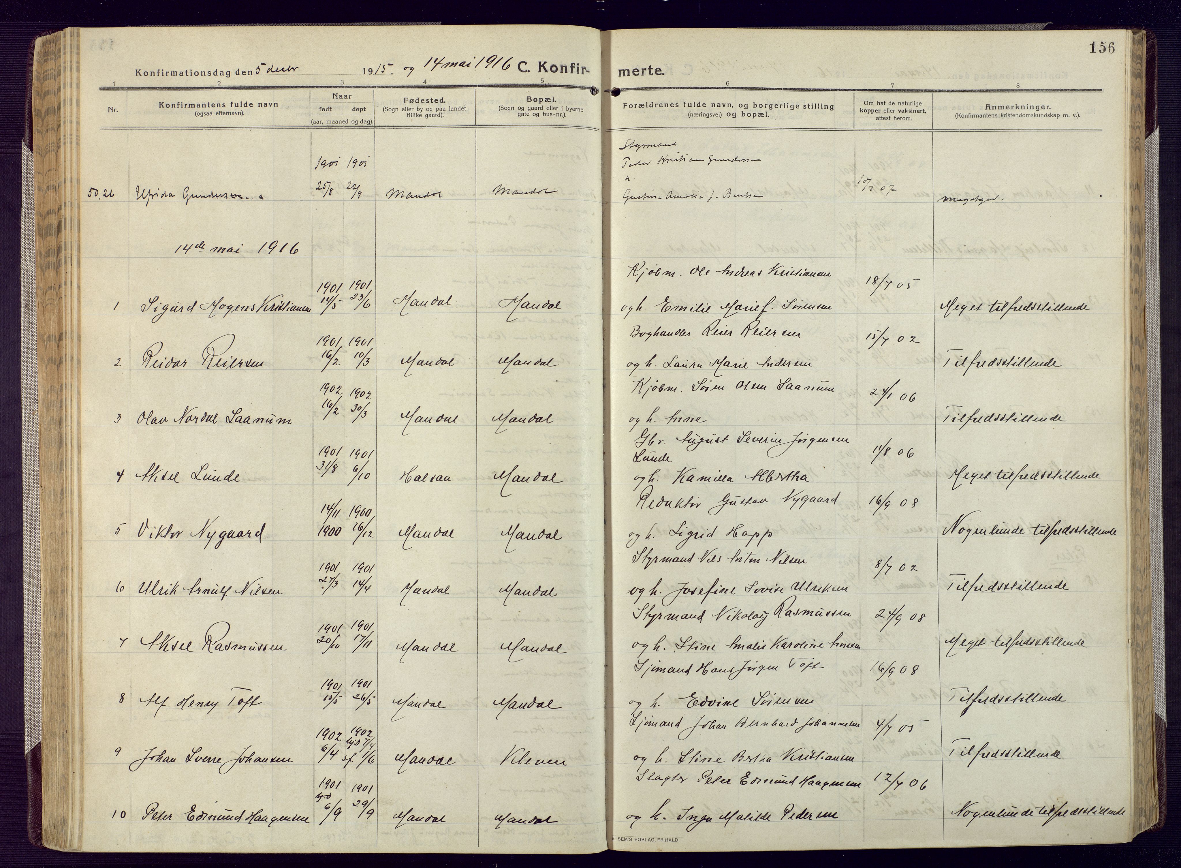 Mandal sokneprestkontor, SAK/1111-0030/F/Fa/Fac/L0001: Parish register (official) no. A 1, 1913-1925, p. 156