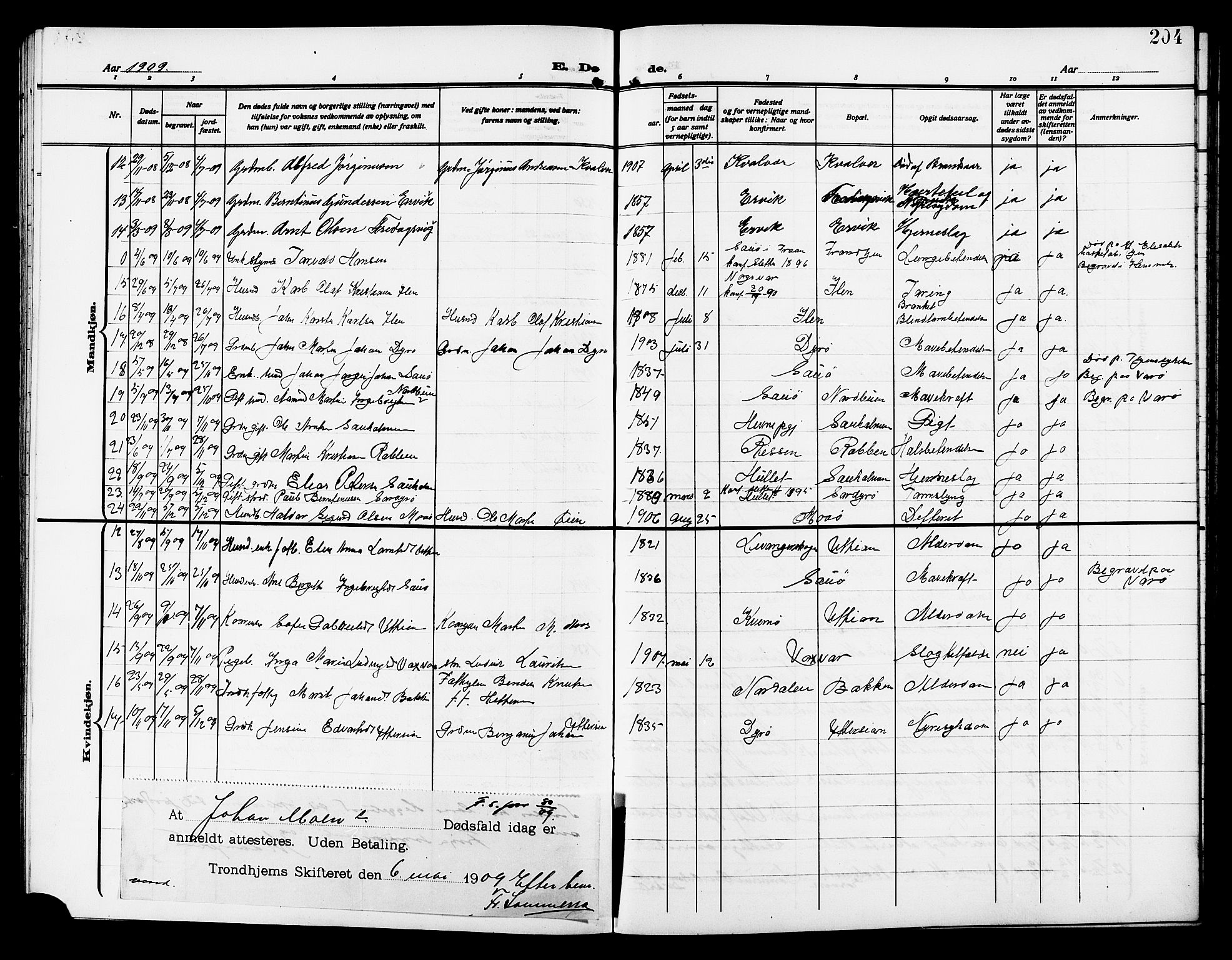 Ministerialprotokoller, klokkerbøker og fødselsregistre - Sør-Trøndelag, SAT/A-1456/640/L0588: Parish register (copy) no. 640C05, 1909-1922, p. 204