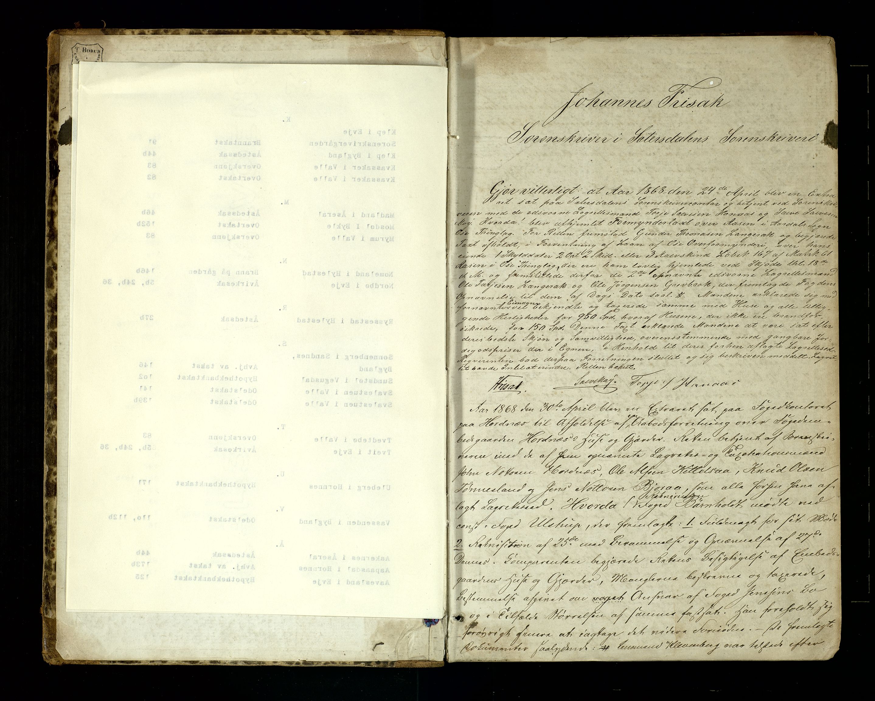 Setesdal sorenskriveri, SAK/1221-0011/F/Fb/L0007: Ekstrarettsprotokoll nr 7, 1868-1872, p. 1