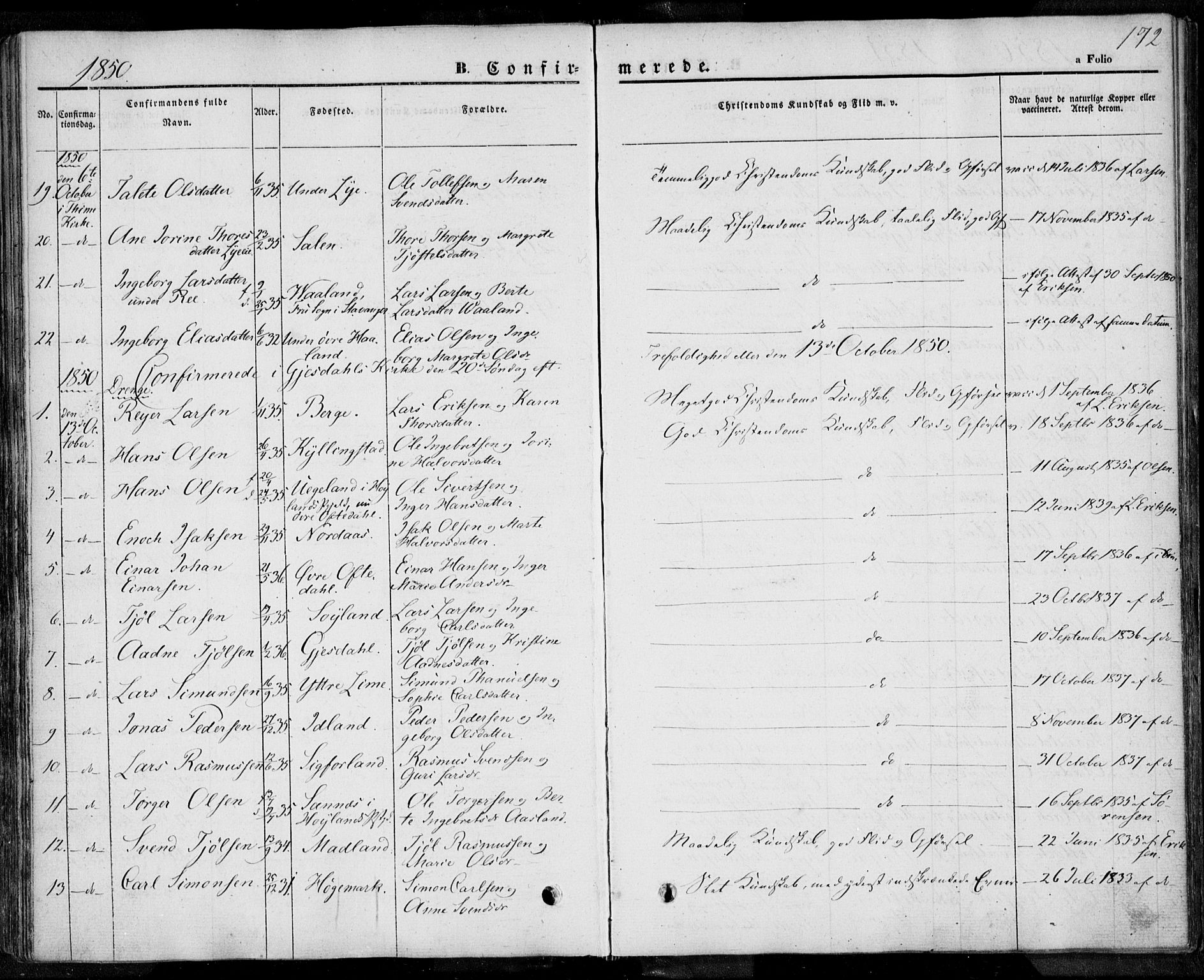 Lye sokneprestkontor, SAST/A-101794/001/30BA/L0005: Parish register (official) no. A 5.1, 1842-1855, p. 172