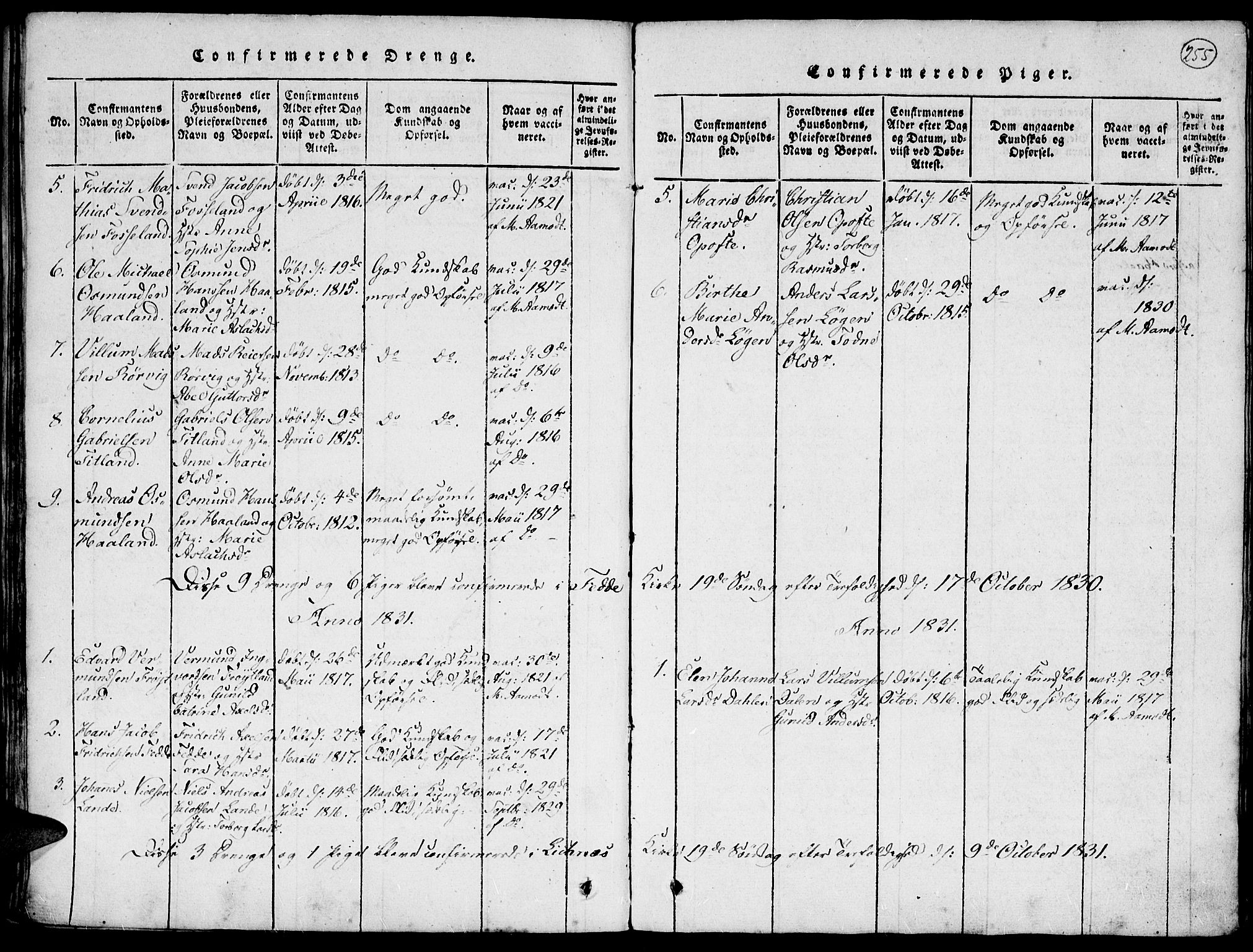 Kvinesdal sokneprestkontor, AV/SAK-1111-0026/F/Fa/Faa/L0001: Parish register (official) no. A 1, 1815-1849, p. 255