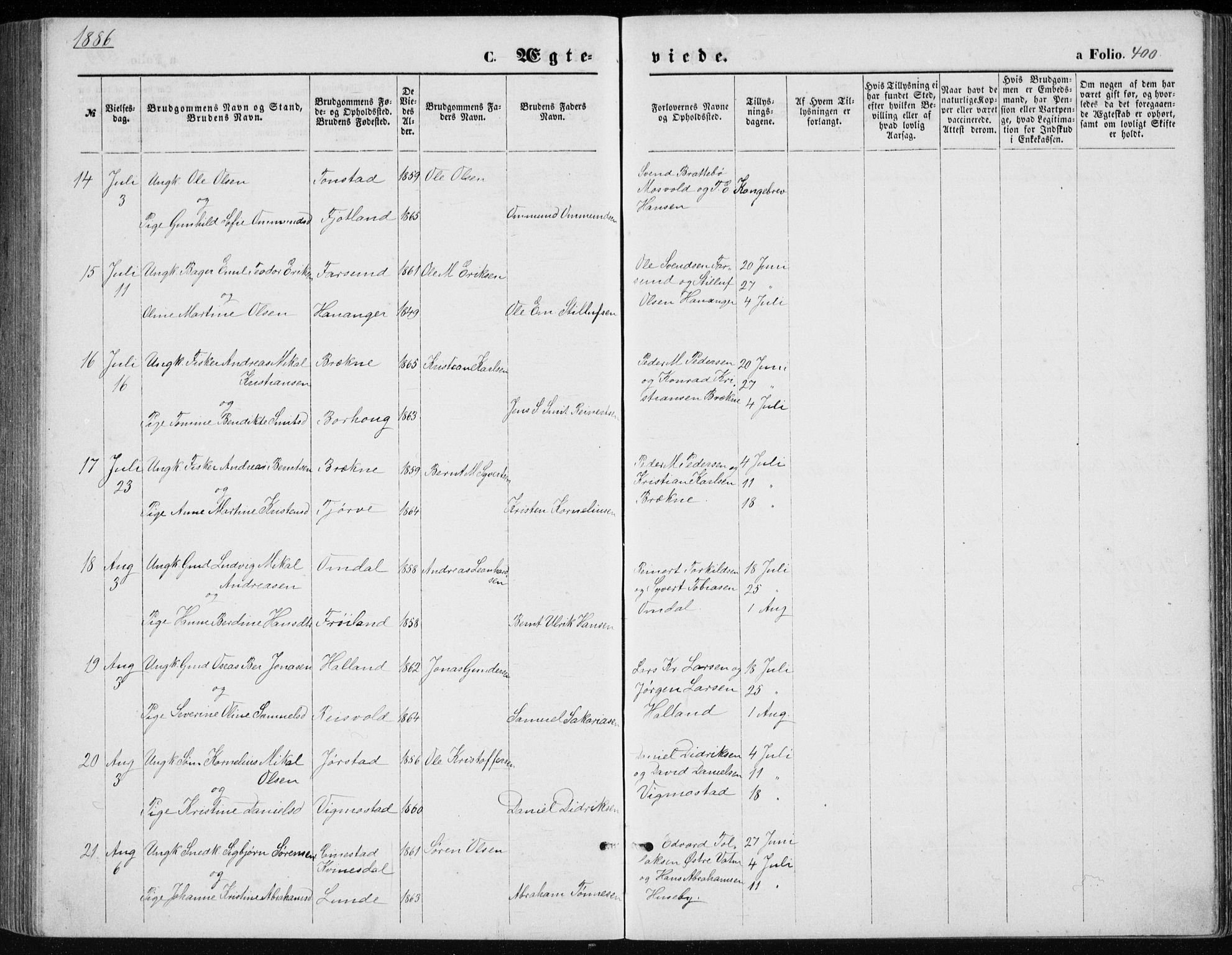 Lista sokneprestkontor, AV/SAK-1111-0027/F/Fb/L0004: Parish register (copy) no. B 4, 1877-1891, p. 400