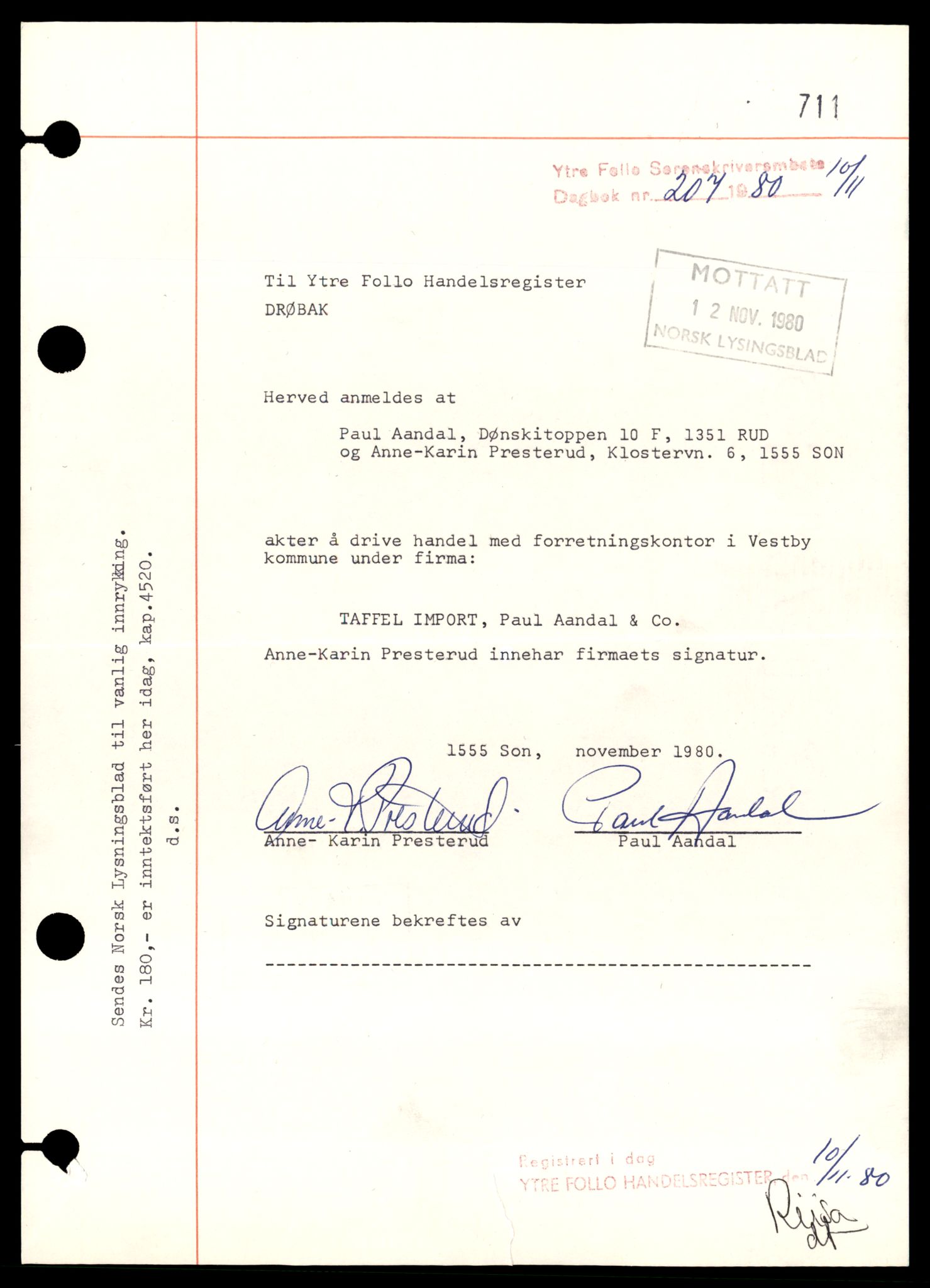 Ytre Follo tingrett, SAT/A-10177/K/Kb/Kba/L0006: Enkeltmannsforetak, T - Å, 1890-1989, p. 1