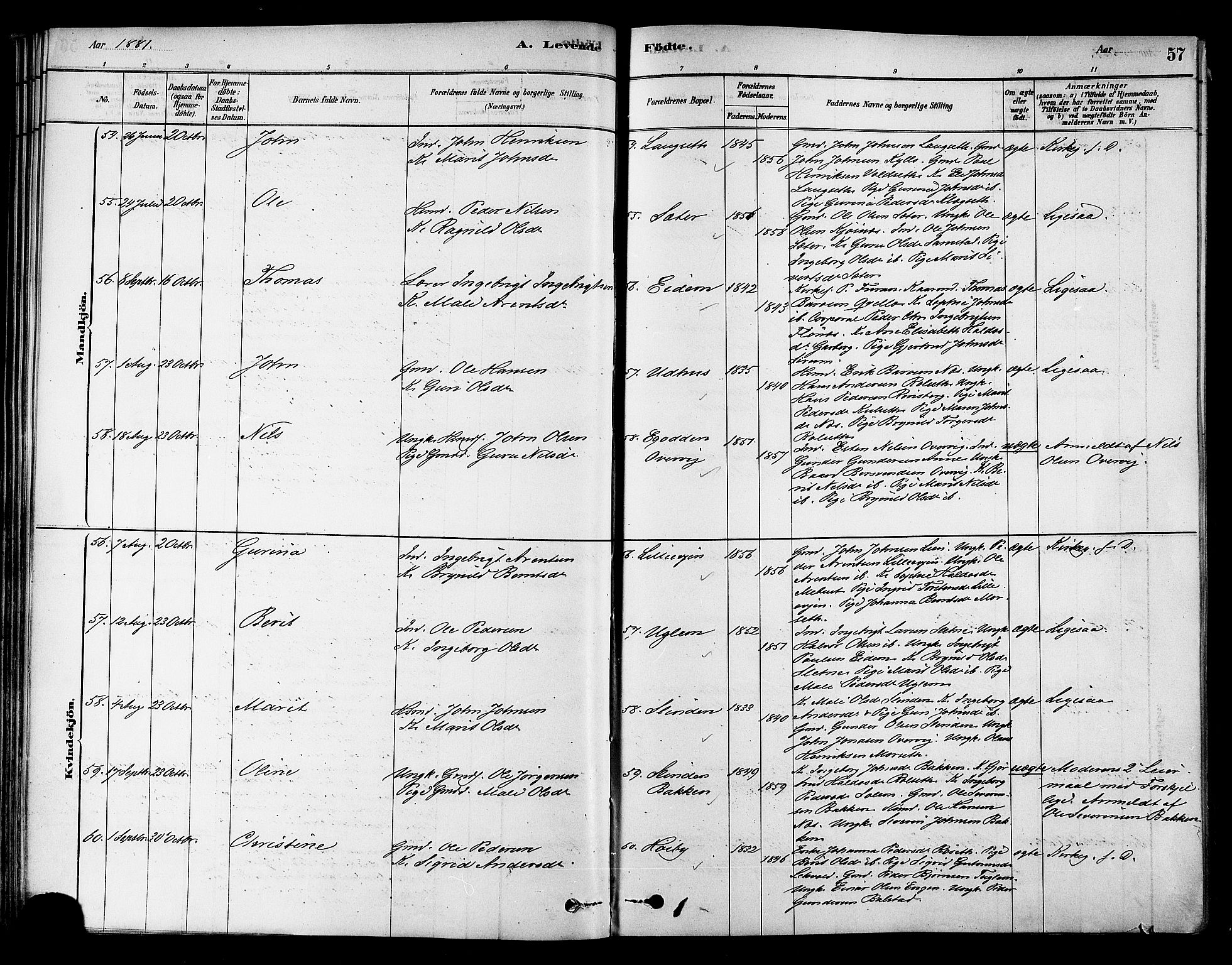 Ministerialprotokoller, klokkerbøker og fødselsregistre - Sør-Trøndelag, AV/SAT-A-1456/695/L1148: Parish register (official) no. 695A08, 1878-1891, p. 57