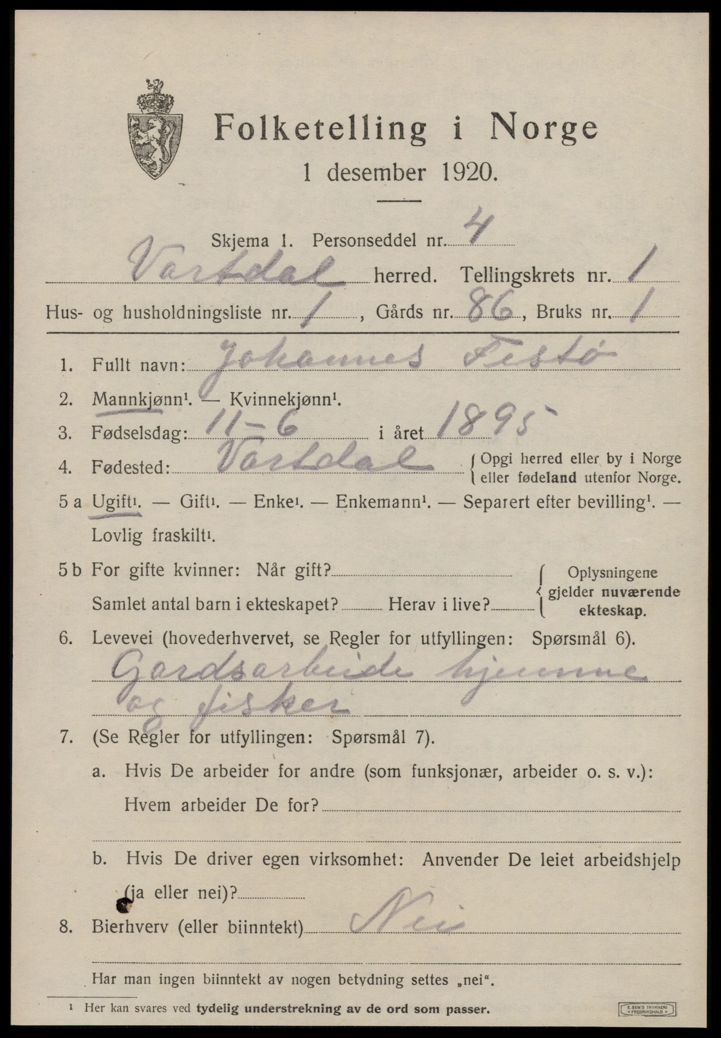 SAT, 1920 census for Vartdal, 1920, p. 279