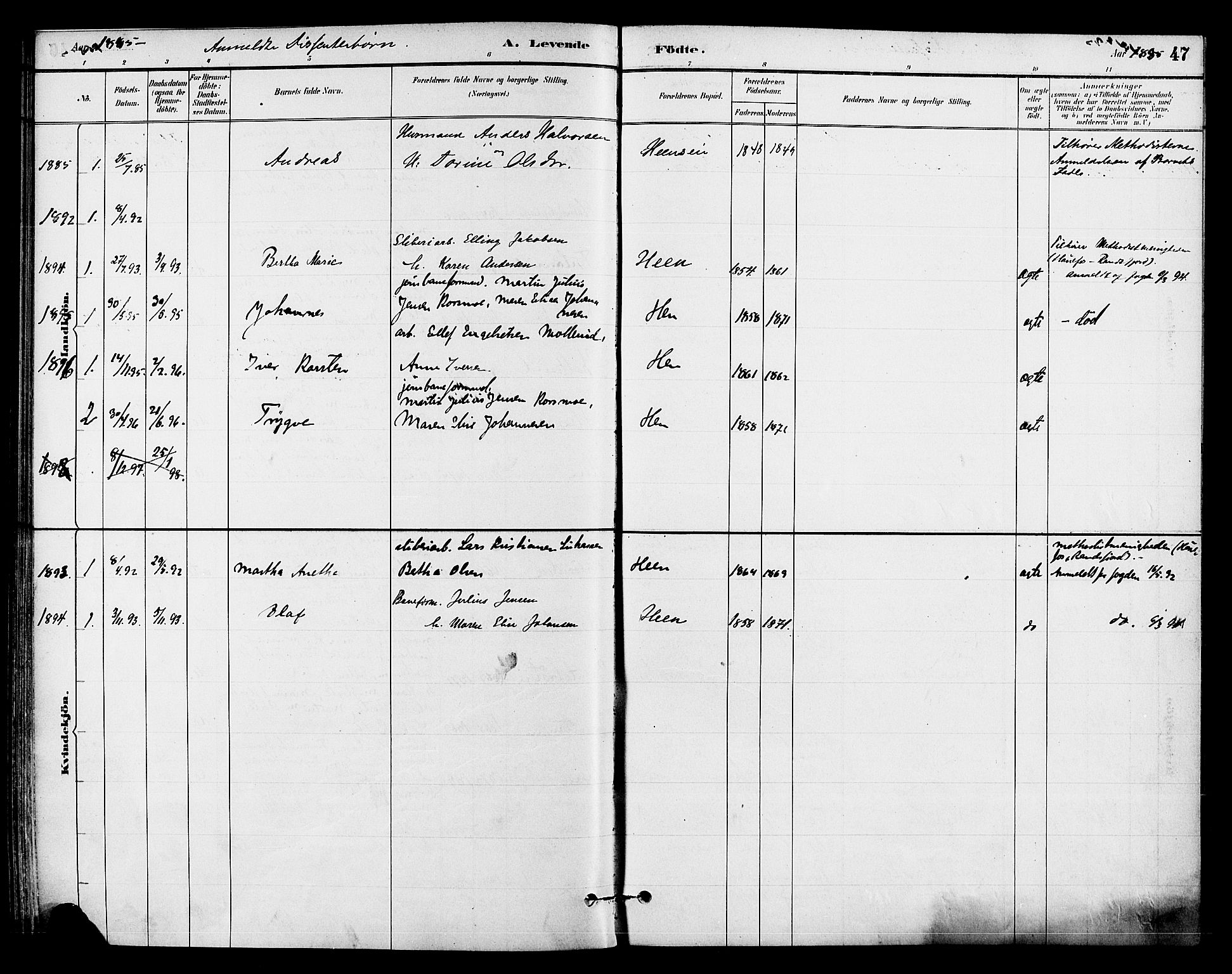 Ådal kirkebøker, AV/SAKO-A-248/F/Fb/L0001: Parish register (official) no. II 1, 1884-1897, p. 47